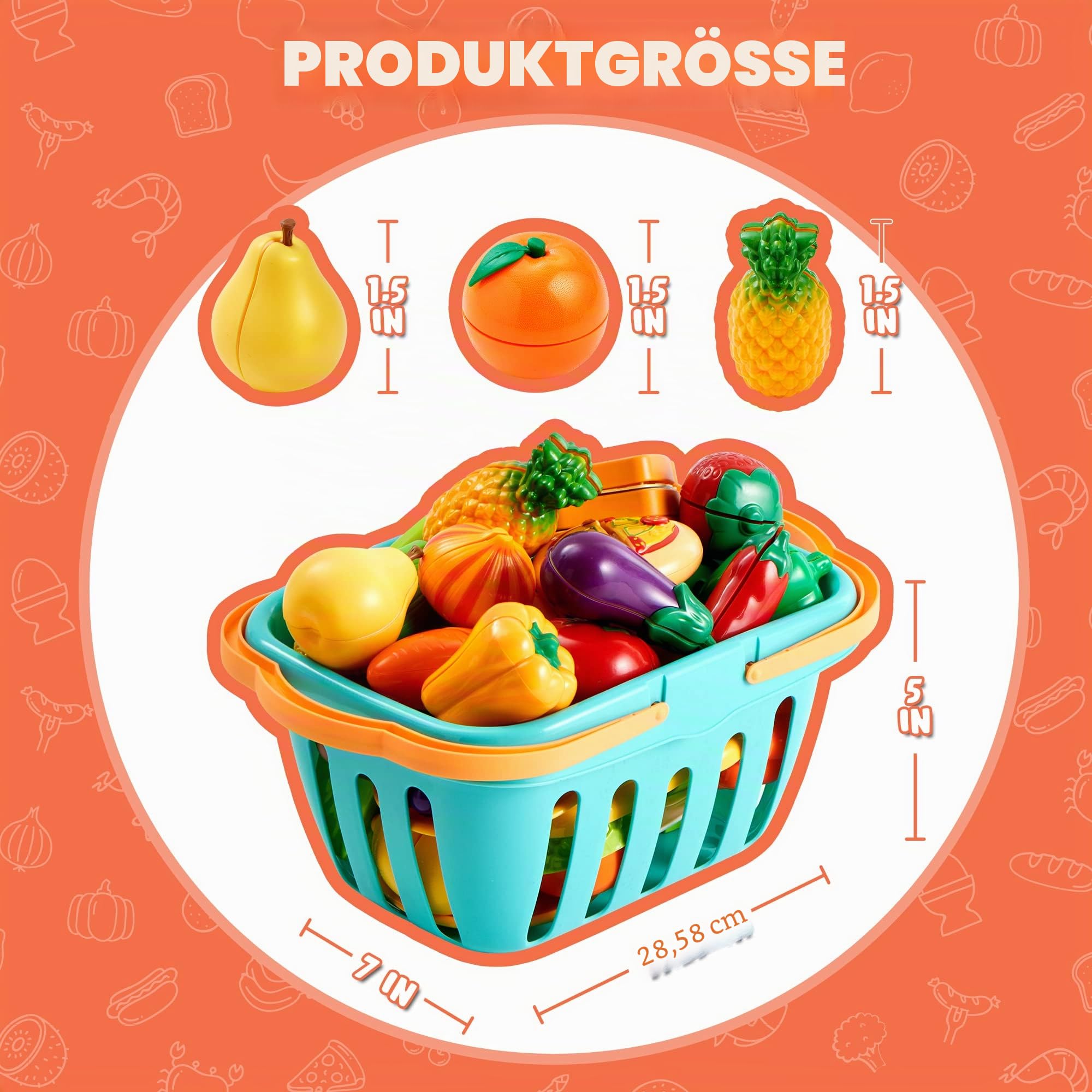 JOYIN 68-teiliges Spielzeug-Lebensmittel-Set zum Schneiden für Kleinkinder – Küchenspielzeug, Gemüse-und Obst-Spielzeug, Aufbewahrungskorb & Schneidezubehör, Geschenk für Jungen und Mädchen