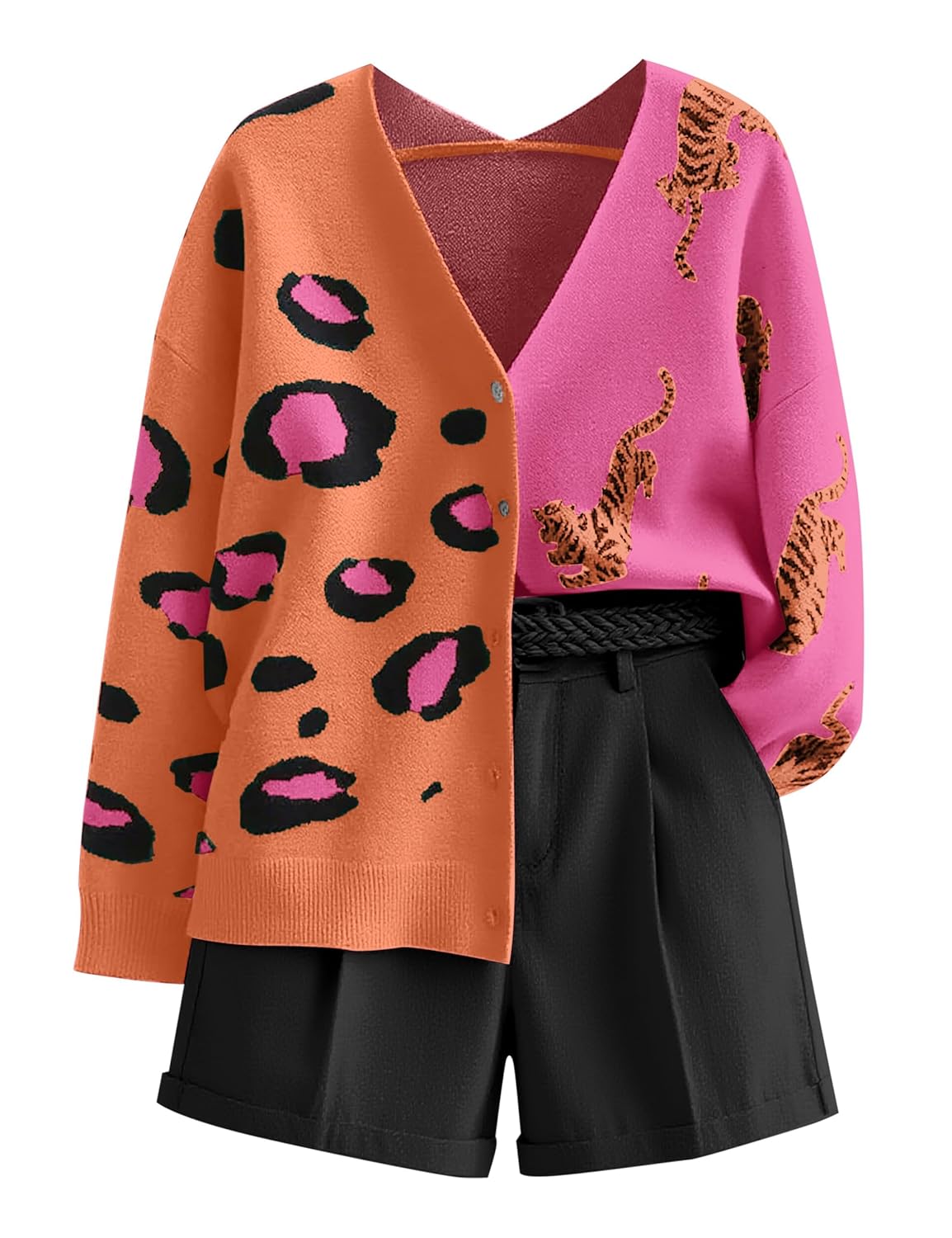Leopard Cardigan Women Tiger Print Button Up Cardigans Color Block V Neck Sweaters Long Sleeve Cheetah Print Top