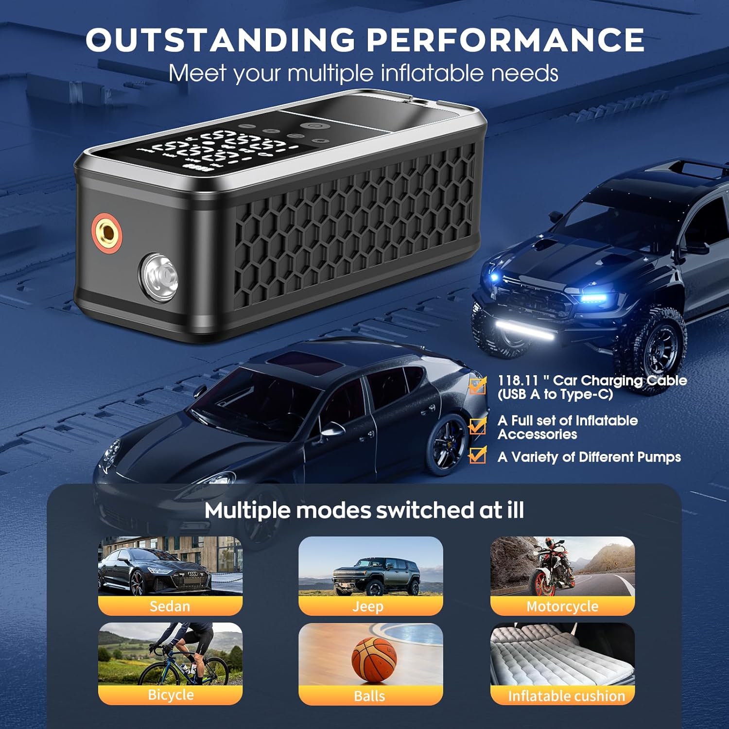 160PSI Tire Inflator Portable Air Compressor, 6000mAh Air Pump for Car Tires Cordless Bike Pump with LED Light&Auto Shut-Off Function Portable Tire Inflator for Car, Motorcycle, Bicycle, Ball - Image 6