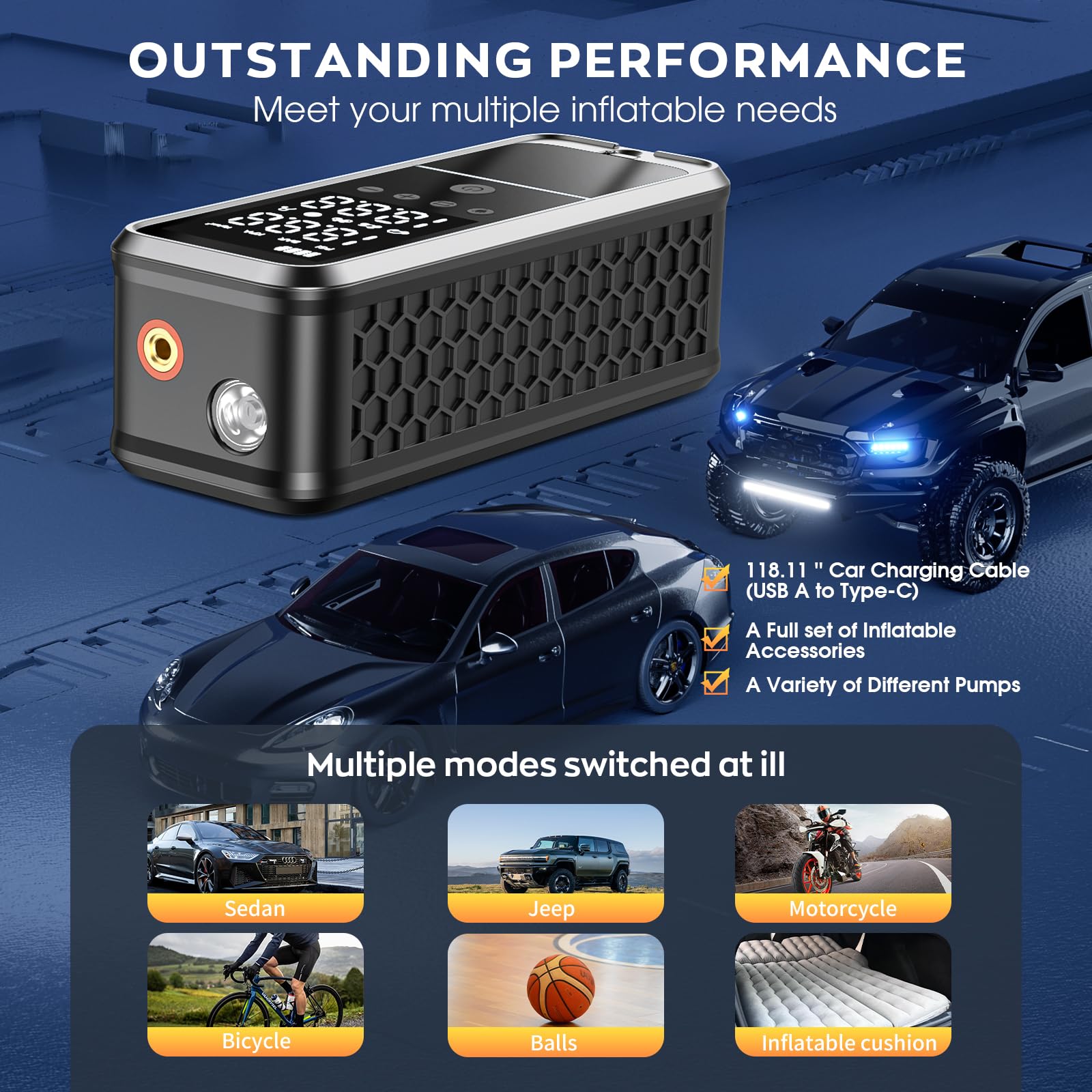 Tire Inflator Portable Air Compressor Portable Air Pump with Tire Gauge Pressure LED Light Air Pump for Car — view 6