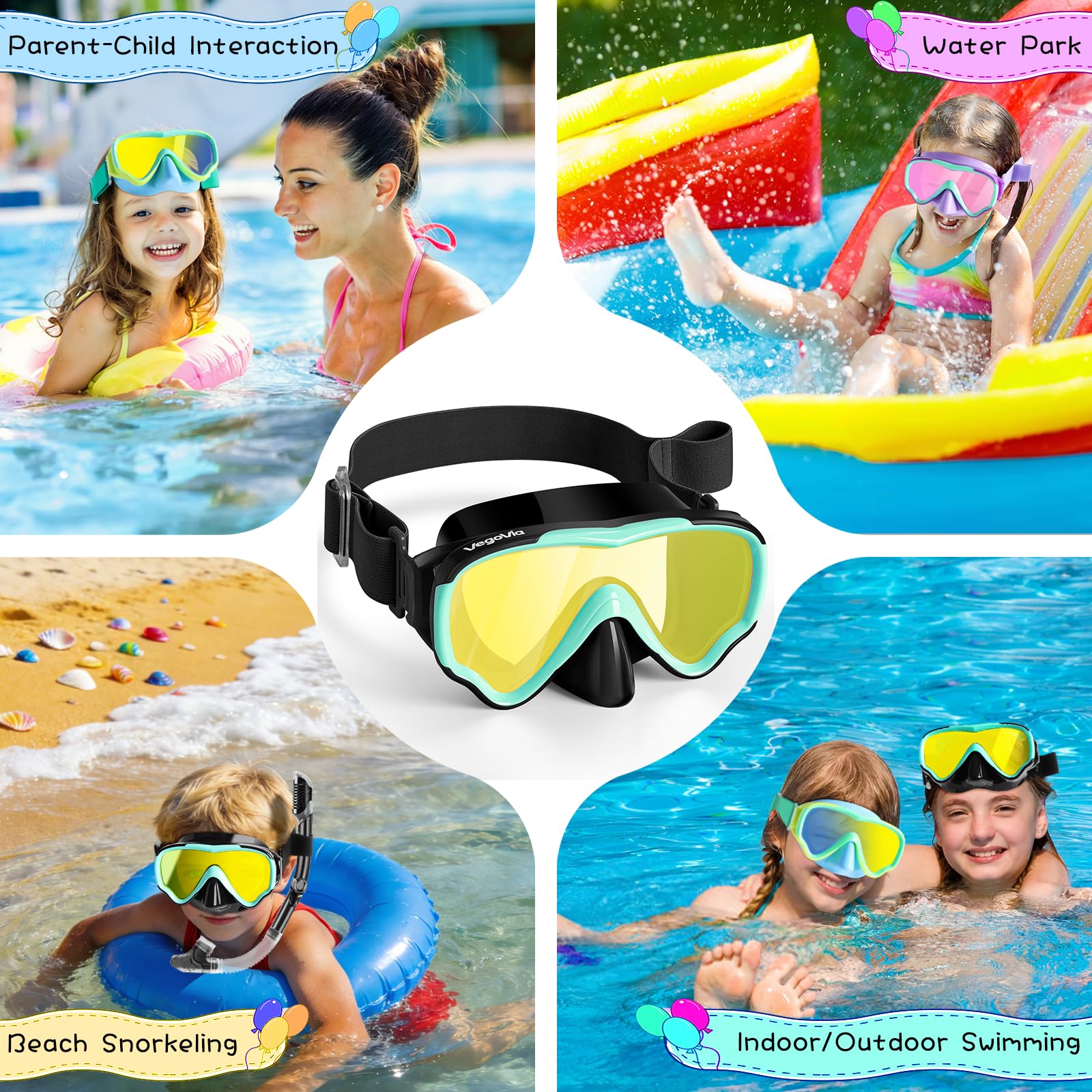 VegoVia Kinder-Schwimmbrille mit Nasenabdeckung, Anti-Beschlag-Weitsicht, klare Schwimmmaske für Kinder von 3–15 Jahren, bruchsicher, auslaufsicher