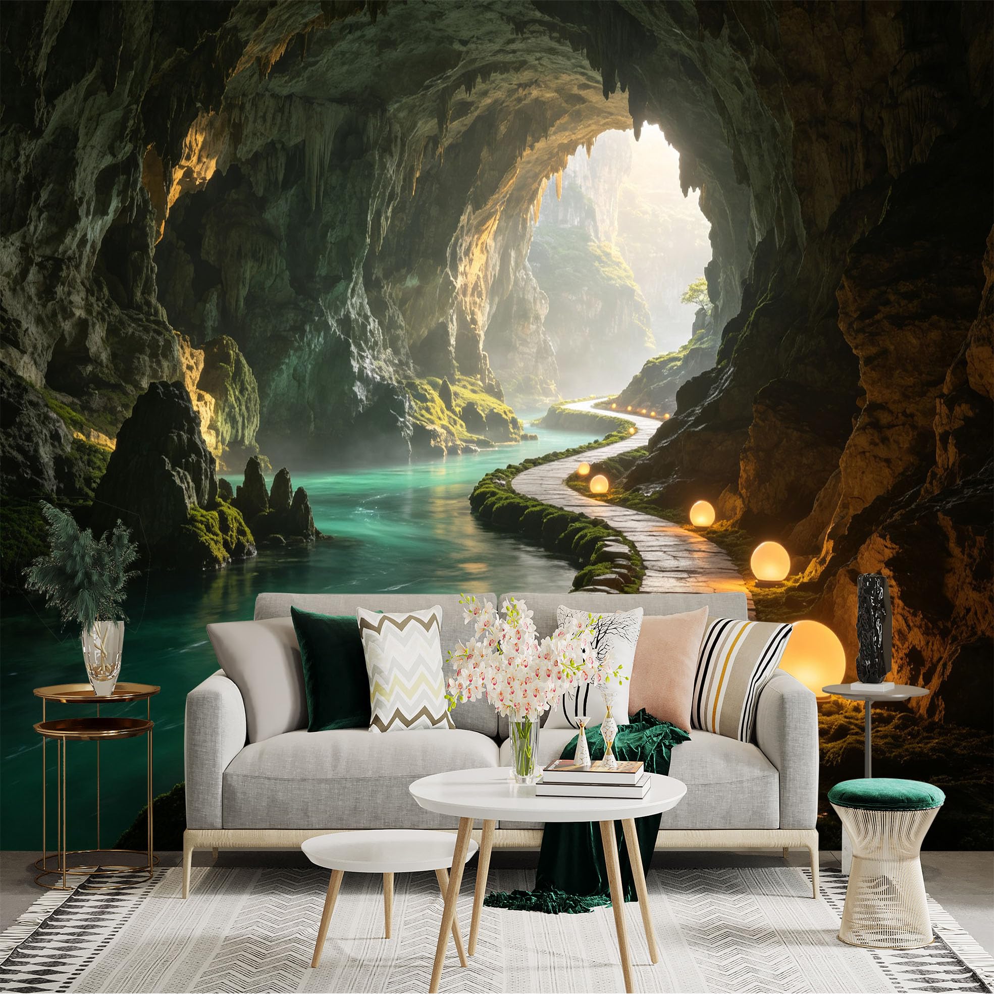 Custom Size Wall Sticker Mural， Mysterious Limestone Cave， Glowing Stone Path， Turquoise Underground River， Sunlight Stream， for wall Decoration， peelandstick wall Decals.