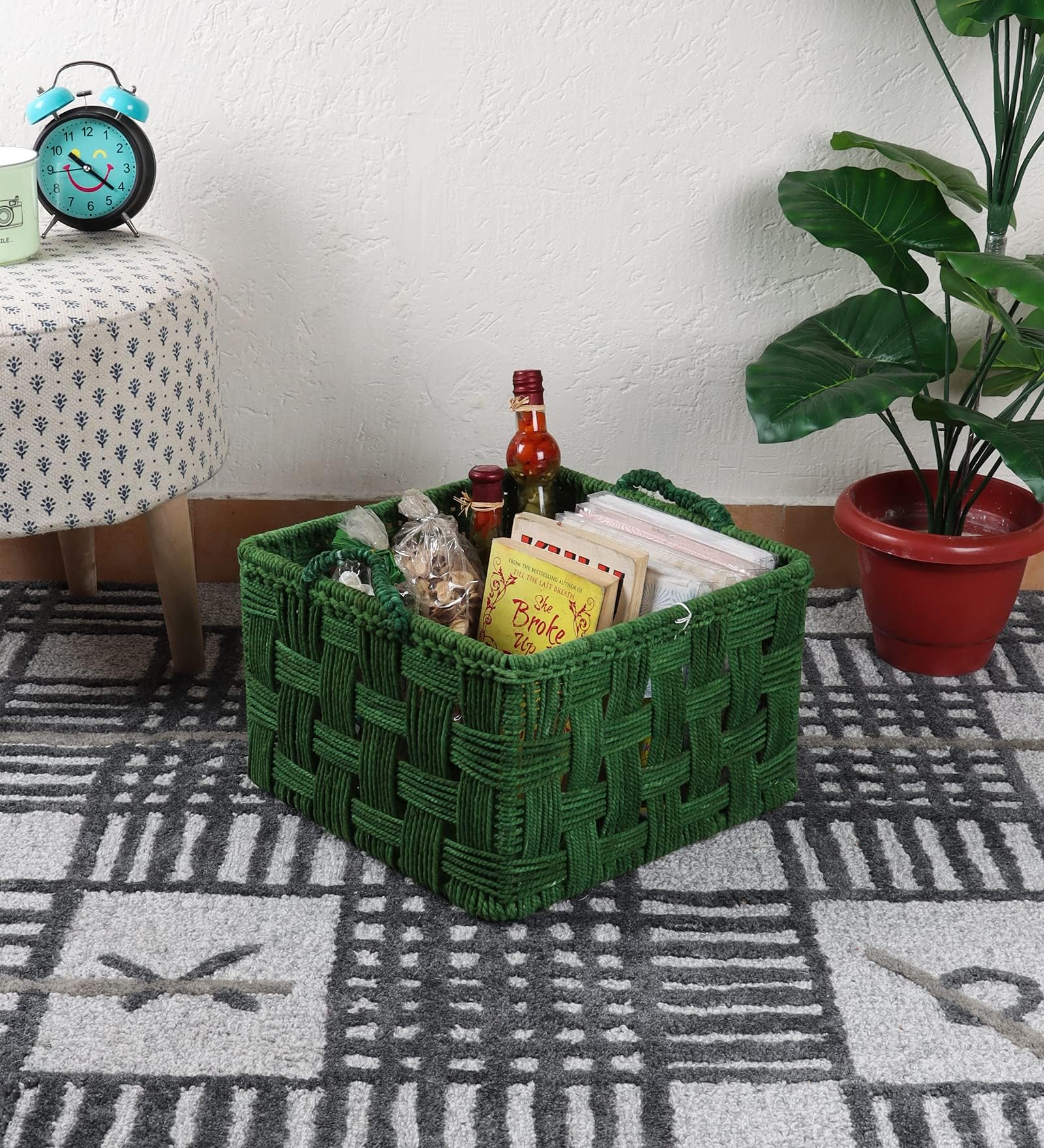 The Tickle Toe Cotton Rope Storage Basket with Iron Frame | Eco-Friendly Organizer for Home Use | 34x34x22 cm (Green)