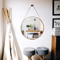 Espelho Decorativo Redondo 60cm Adnet Suspenso C/Alça Couro (Caramelo)