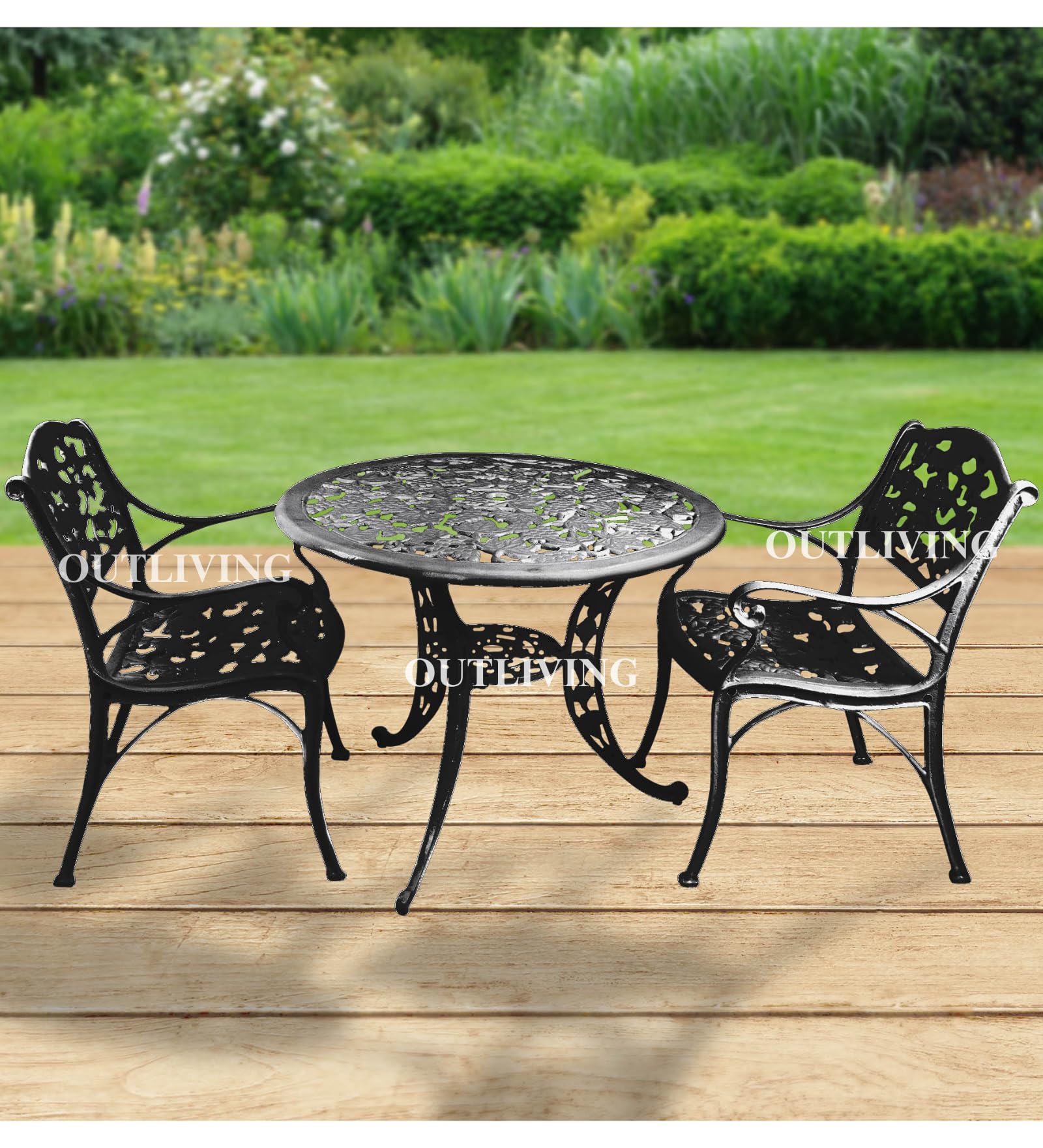 OUTLIVING Cast Aluminium Patio Castign Outdoor Set Balcony (Black, 2 Chairs 1 Table)