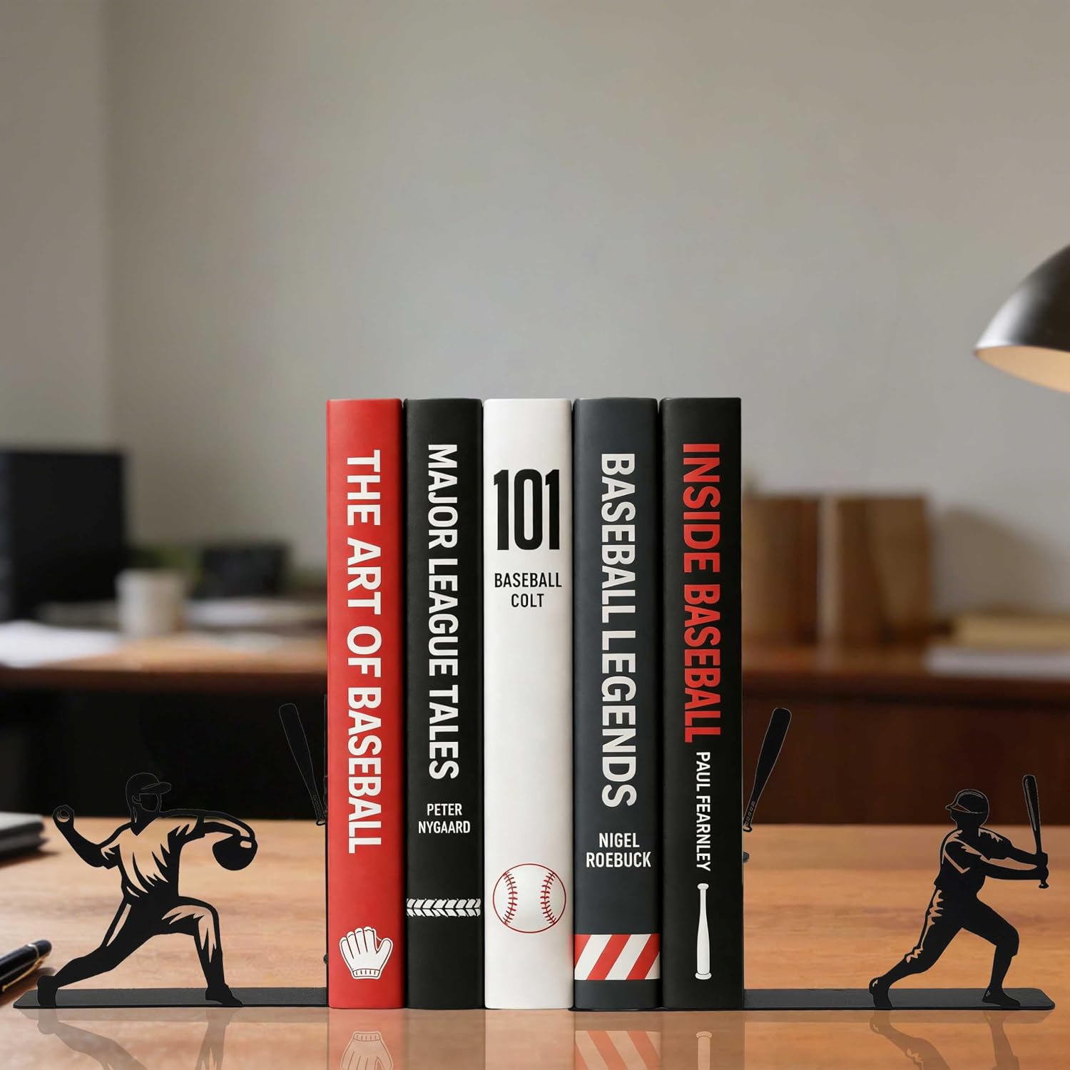Matte Black Iron Baseball Bookends Decorative – Laser Cut Sports Book Ends for Shelves, Small Modern Book Ends, Decorative Book Ends for Desk and Shelf, Book Holders and Book Stoppers for Shelves
