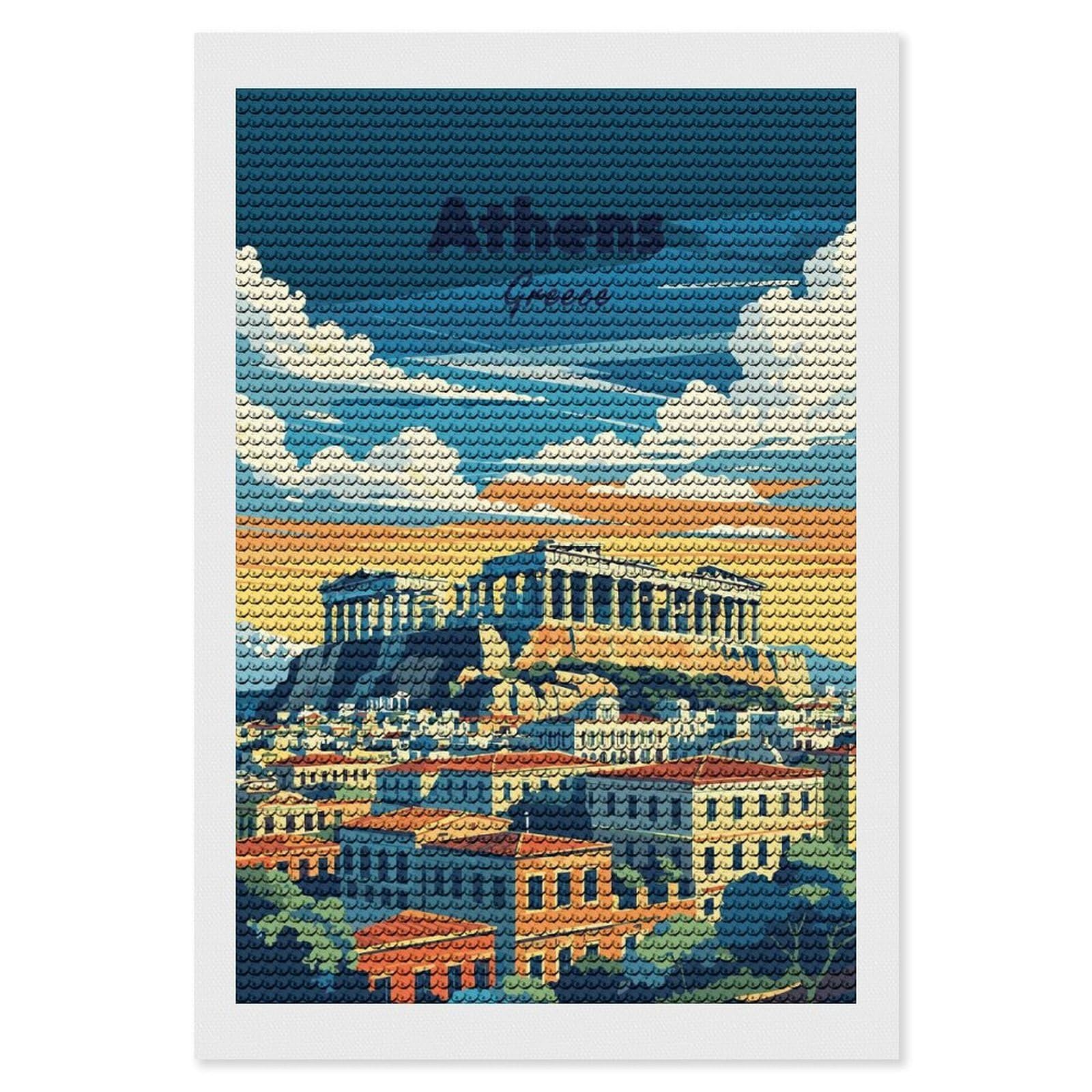 Junmoney Athens Greece Travel Full Drill Diamond Painting Kit 8"x12", Mindful Craft Activity, Bedroom Decor, for Adults, Gift Idea