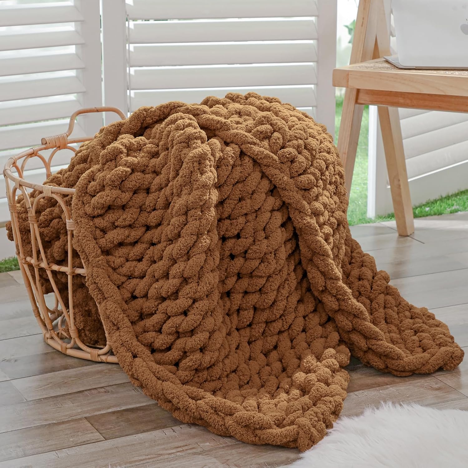 Bigacogo Chunky Knit Throw Blanket for Couch, 40x60 inches, 100% Hand Knitted with Thick Jumbo Chenille Yarn, Cozy Soft Large Rope Knot Cable Crochet Blankets for Sofa Bed Living Room, Caramel Caramel 40"x60" (Medium Size Throw?