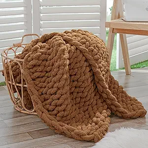 Bigacogo Chunky Knit Throw Blanket for Couch, 40x40 inches, 100% Hand Knitted with Thick Jumbo Chenille Yarn, Cozy Soft Large Rope Knot Cable Crochet Blankets for Sofa Bed Living Room, Caramel