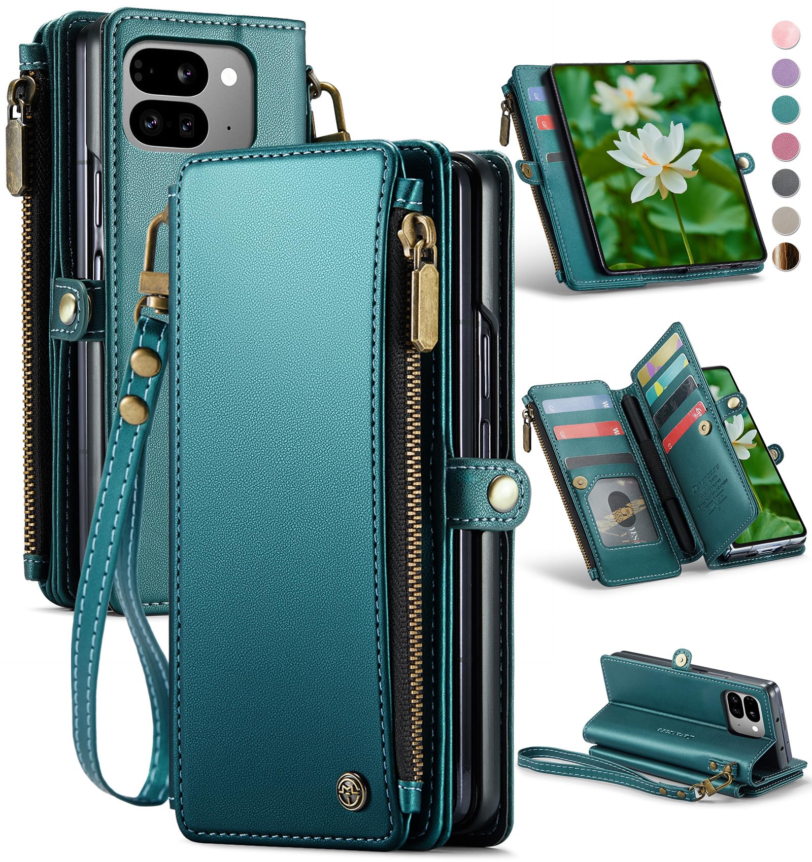 Defencase Compatible with Pixel 9 Pro Fold Case Wallet with RFID Blocking Card Holder & Pen Holder PU Leather Magnetic Snap Flip Zipper Strap Phone