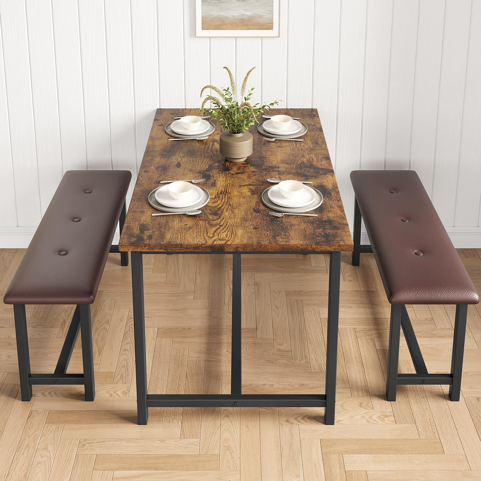 Aptliton 4-Person Kitchen Table Set with 2 Upholstered Benches | Compact Dining Set for Small Spaces & Apartments | Easy-Clean MDF Top & Steel Frame