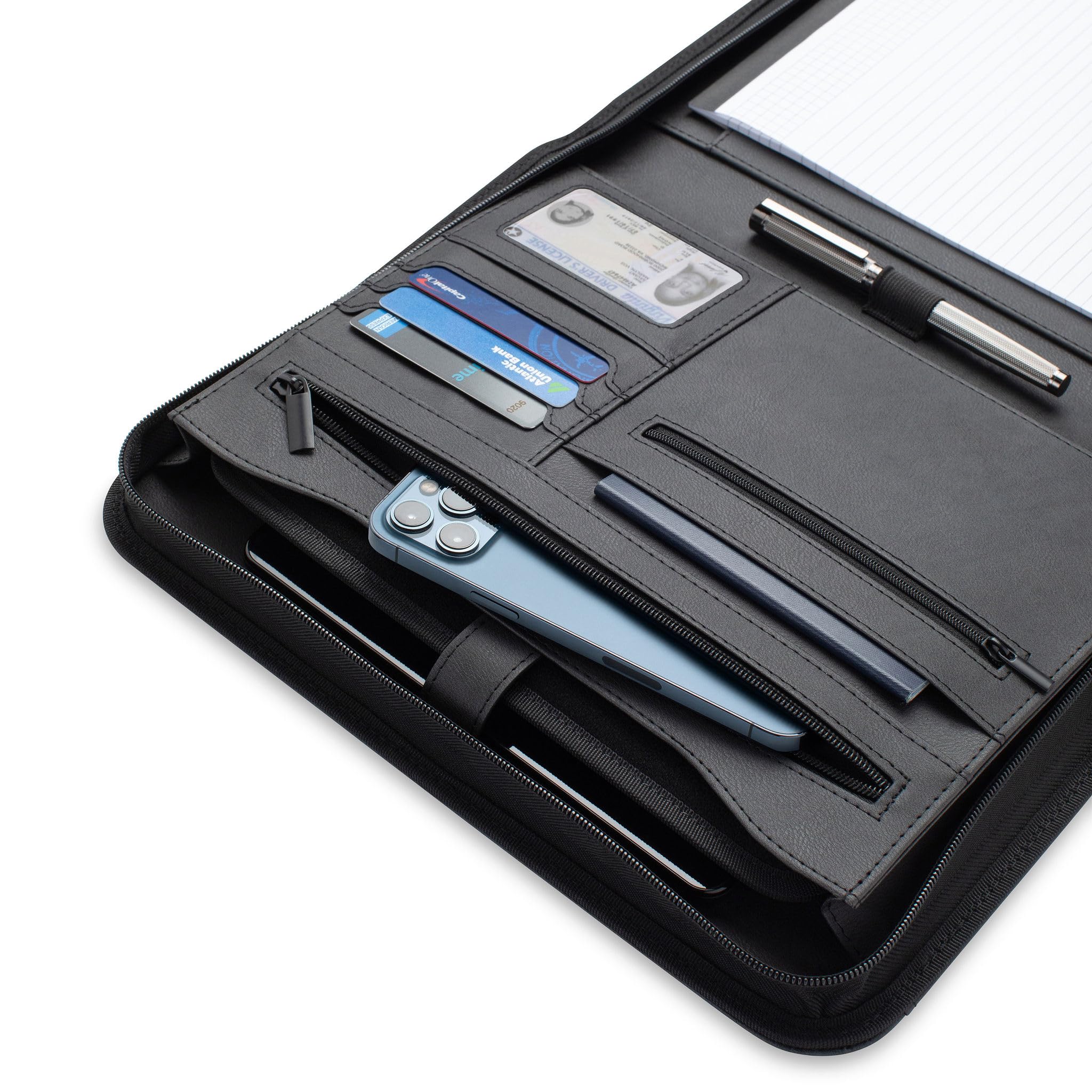 Forevermore Portfolio-Padfolio-Ordner mit Reißverschluss, professionelle Kunstleder-Reise-Organizer-Tasche für Tablet, Dokumente, Präsentationsmappen, Reißverschluss, Notizblock, Schwarz