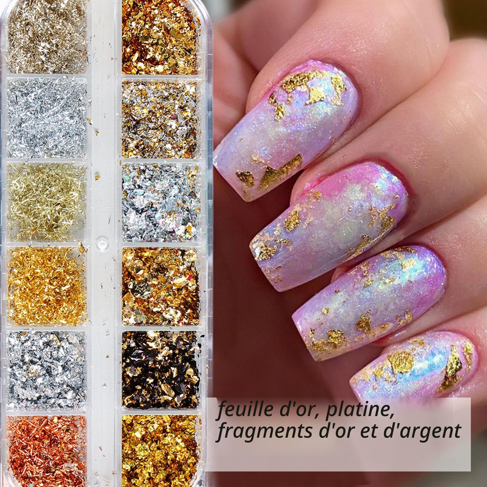 Yamobi Feuille d'or à ongles avec paillettes, 12 boîtes, pour nail art fait maison et poudre, décorations pour manucure fait maison