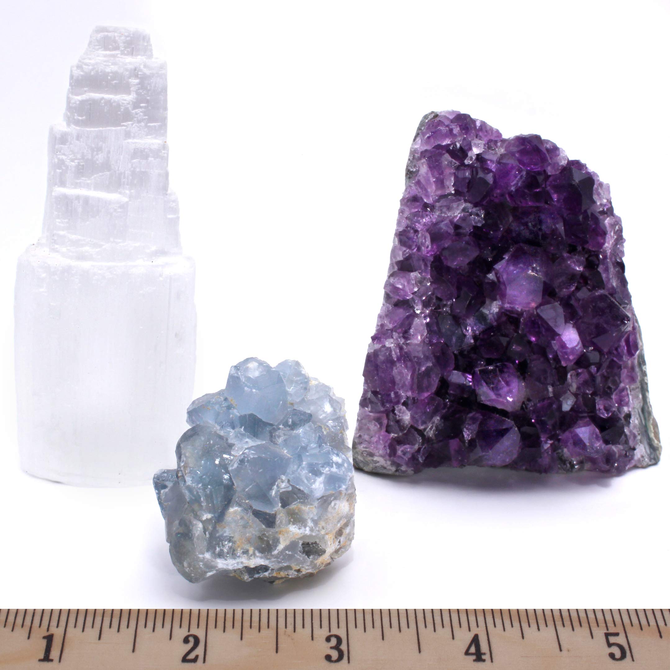 Dancing BearAmethyst Cluster Cut Base (up to ½ lb), Celestite, Selenite Tower (3" Tall), Healing Crystal (3 Pc Set) Premium Grade A, Bohemian Home Décor, Natural Good Vibes, Metaphysical Info Cards