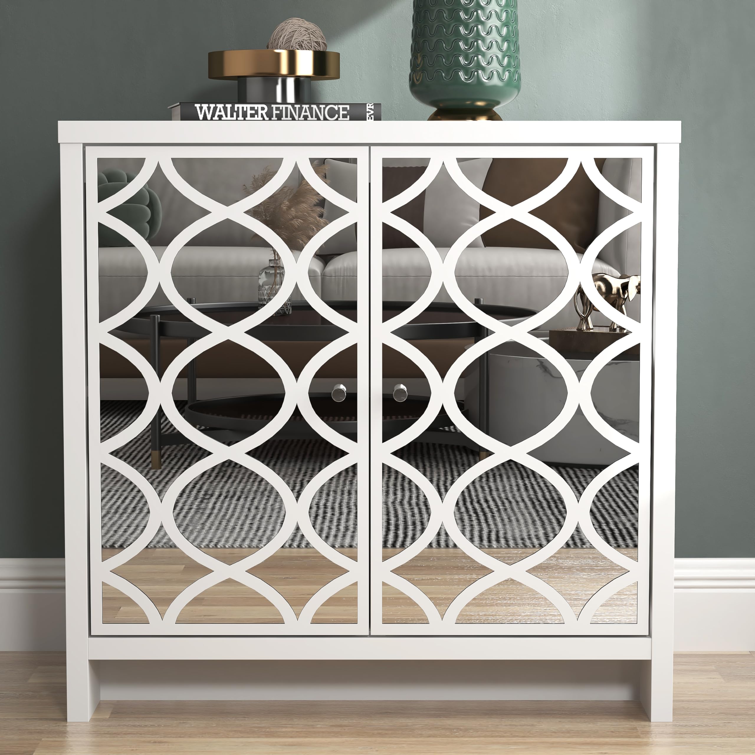 Galano Iris 2 Door Sideboard – Storage Cabinet for Living Room & Kitchen – Space Saving Side Unit with Arylic Mirror Doors, Modern Side Board Organizer - White