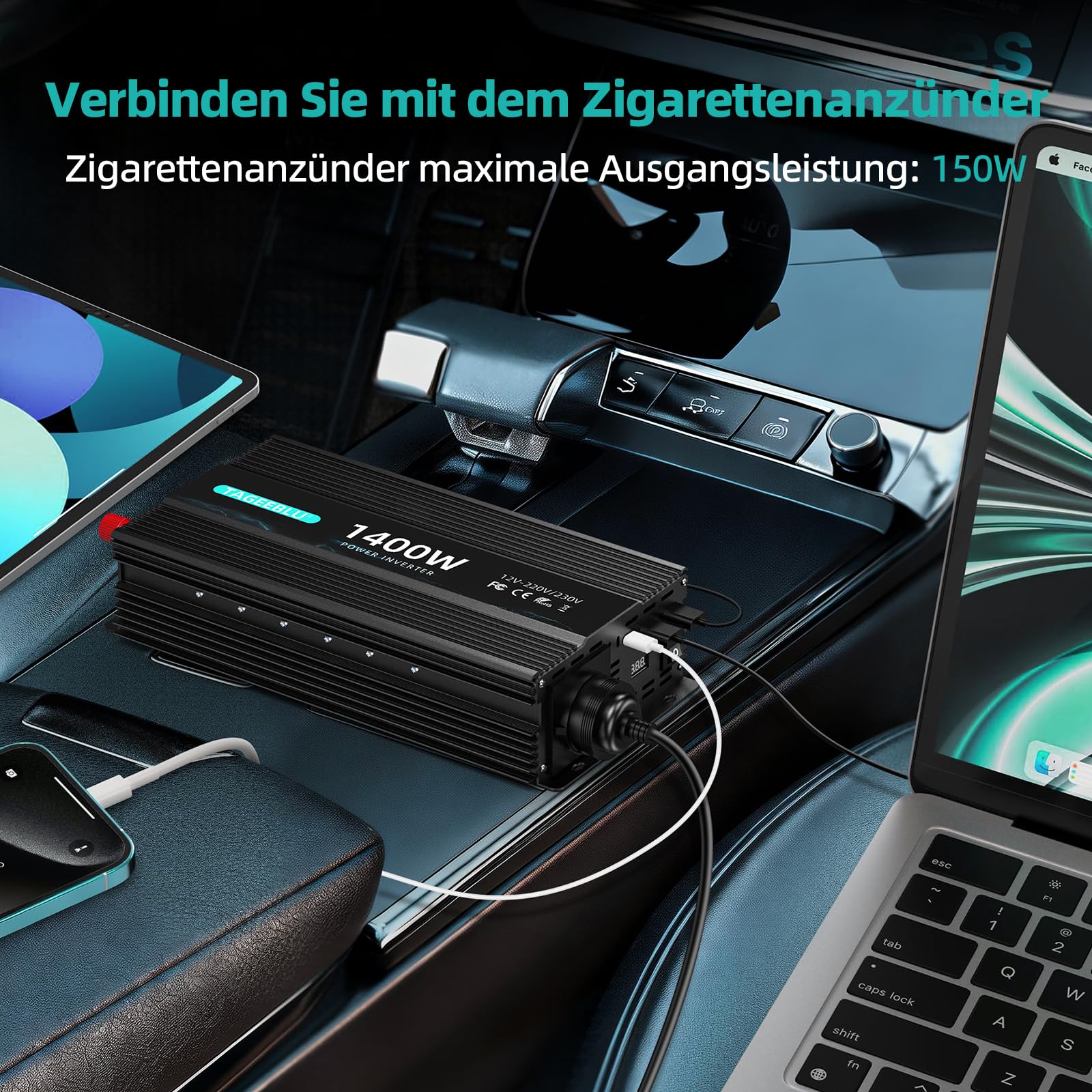 Falownik 1400 W, 12 V na 230 V, przetwornica napięcia 12 V 230 V | Z 1 gniazdkiem, typ C 20 W, szybkie ładowanie USB 20 W, wskaźnik LED