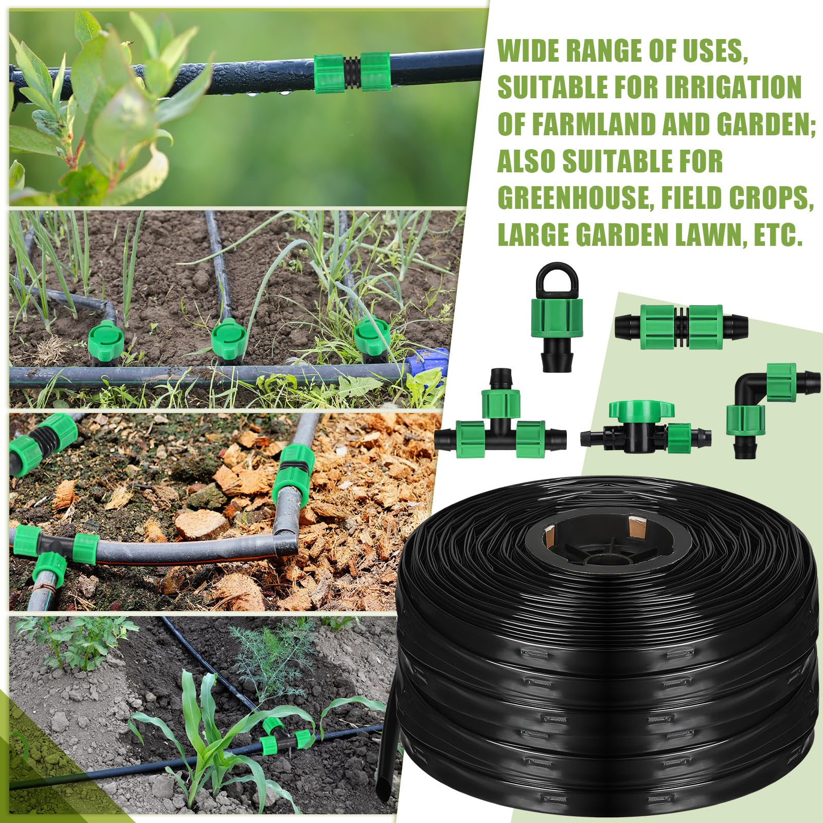 Kit de riego de cinta de goteo de 500 pies y 5/8 pulgadas, cinta de goteo de 8 mil 8 pulgadas, manguera de espaciado, sistema de tubería de riego de jardín, equipo de riego automático para