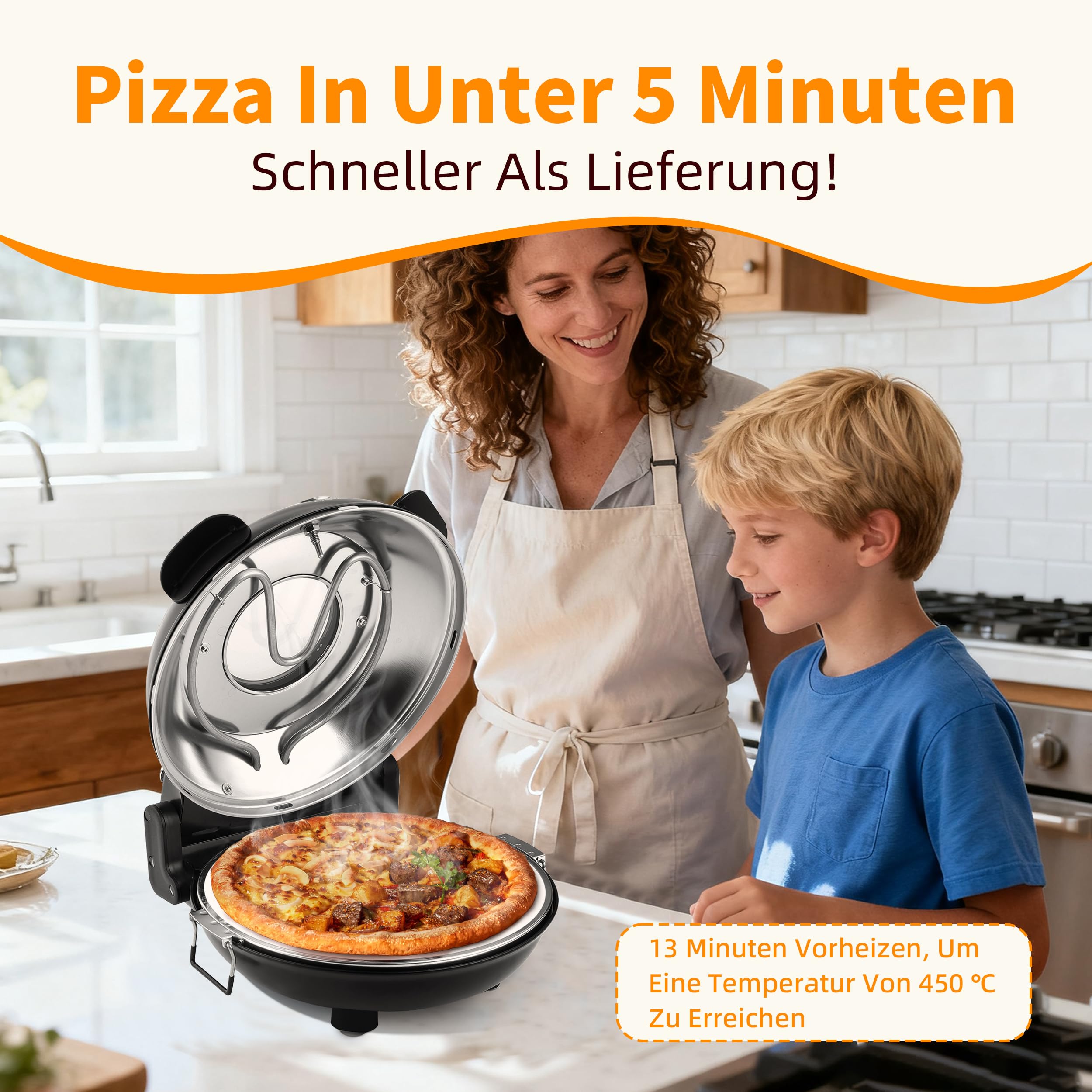Pizzaofen elektrisch, 1200W Pizzabäcker in 4-Min-Pizza, 31cm Feuerfeste Pizzastein, Max 420℃ Pizzaofen mit 5 Garstufen, inkl. Pizzaschaber & Pizzaschieber, Schwarz