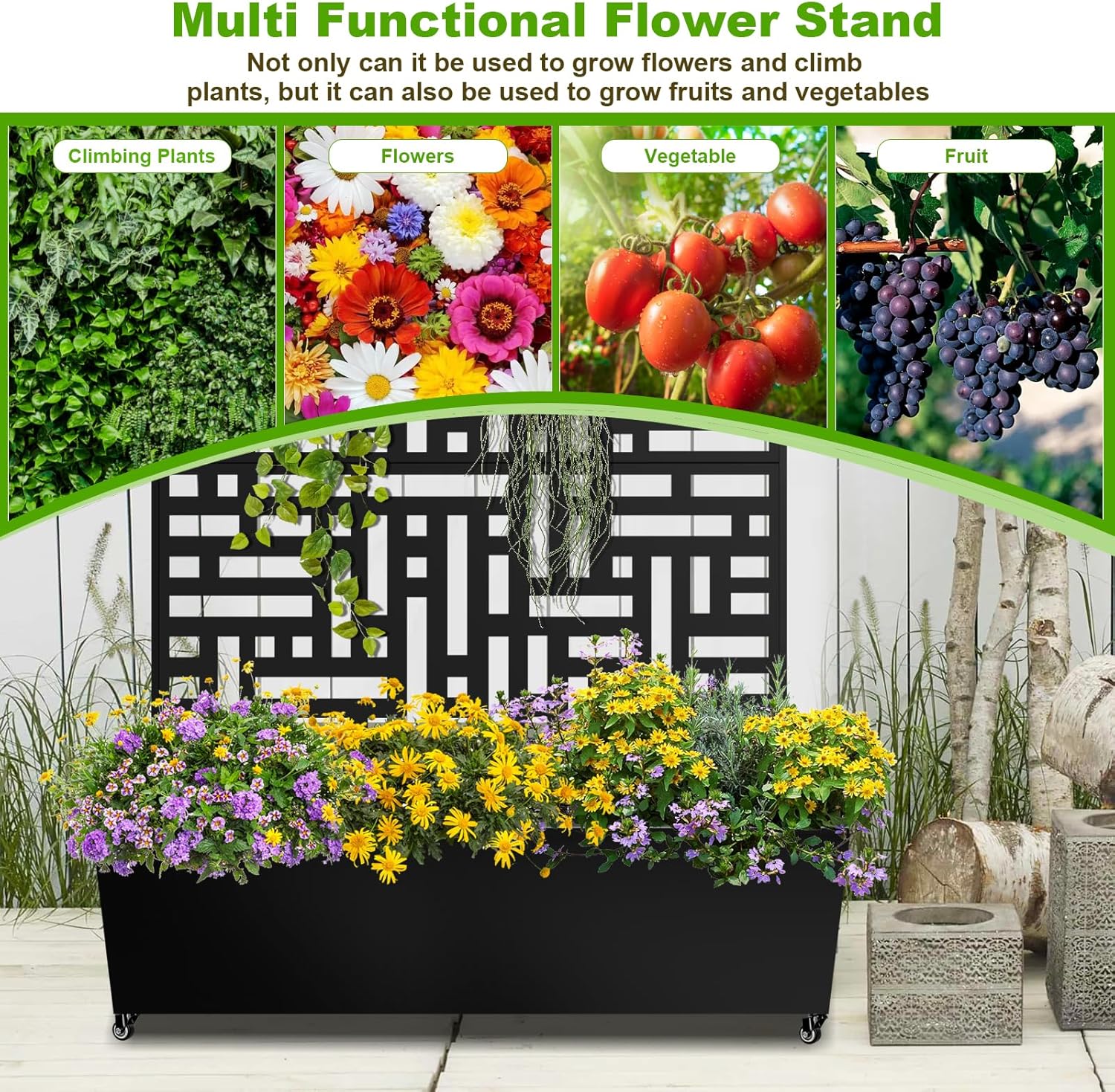 72"x47"x16" Galvanized Steel Raised Garden Bed with Trellis, Outdoor Planter Box with Drainage Holes & Lockable Casters for Climbing Vegetables, Vines & Flowers