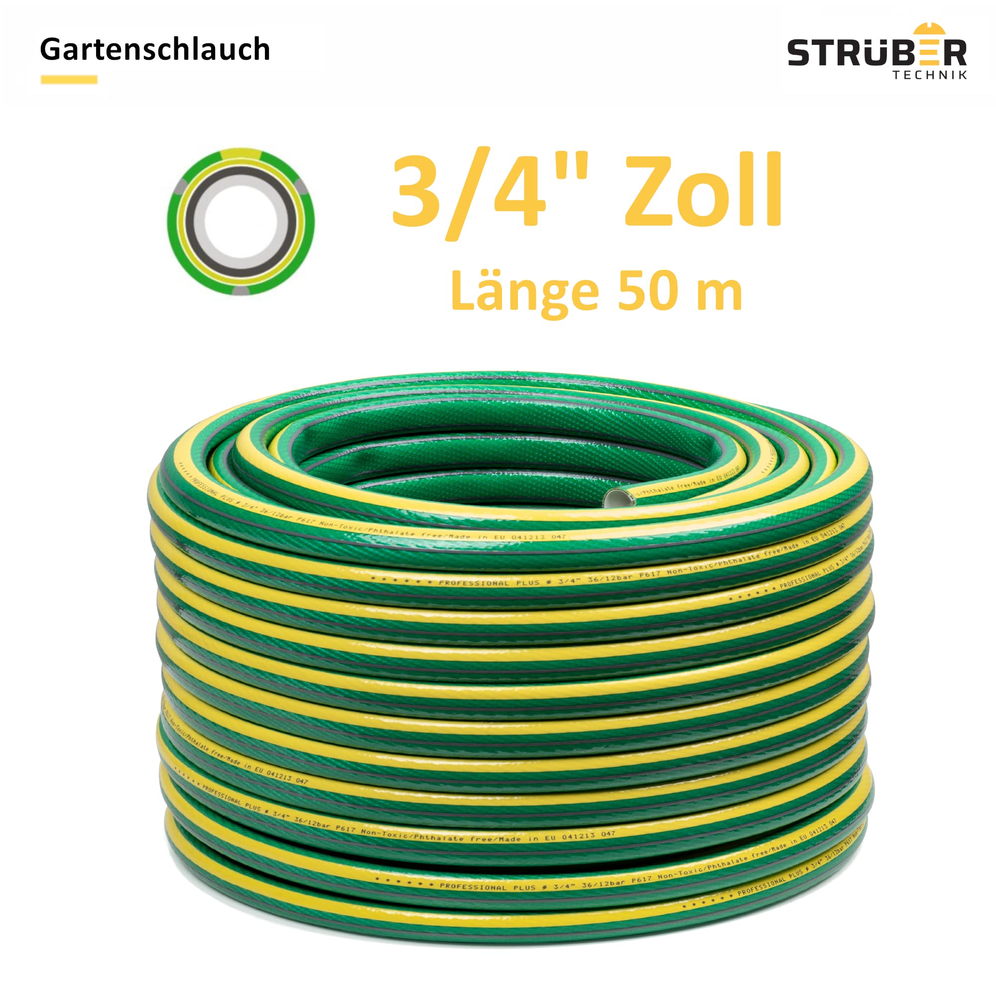 STRÜBER Tubo da giardino a 6 strati, anti -TWIST (3/4" – 50 m di lunghezza), tubo per irrigazione con tessuto incrociato, resistente ai raggi UV, tubo flessibile in PVC