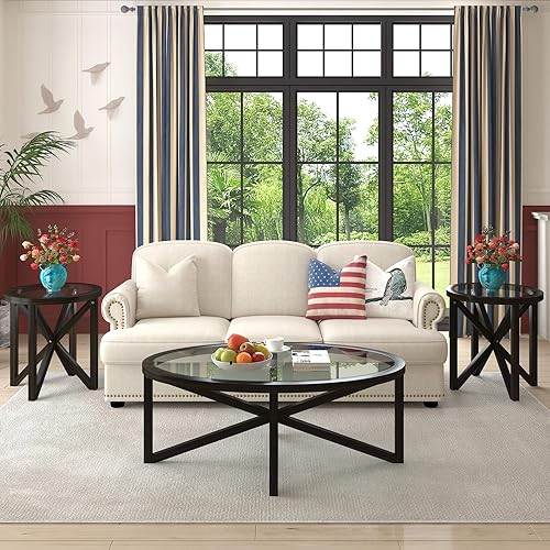 Miniatura 3 de HMFULE Juego de mesa auxiliar redonda de 3 piezas, 1 mesa auxiliar y 2 mesas auxiliares con parte superior de vidrio templado y base de madera