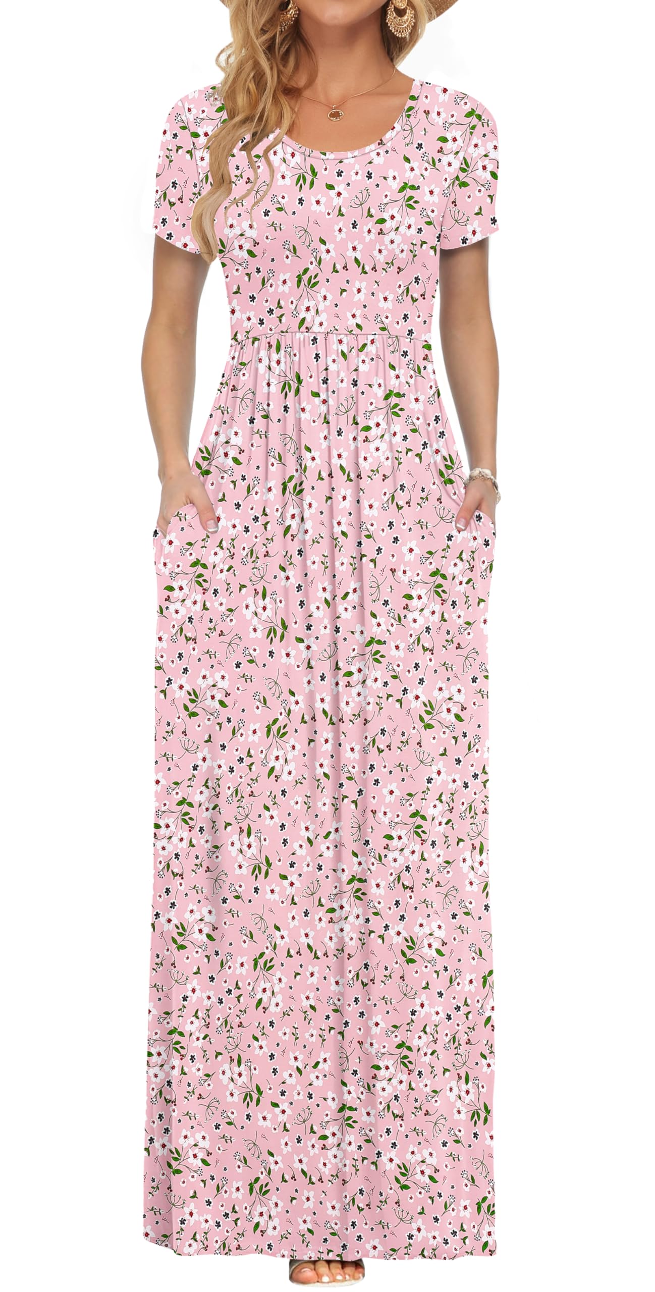 AUSELILY Women's Summer Short Sleeve Loose Plain Casual Long Maxi Dresses | Year Round wear solid floral print, Casual wear, Empire waist, Floor length, Side pockets