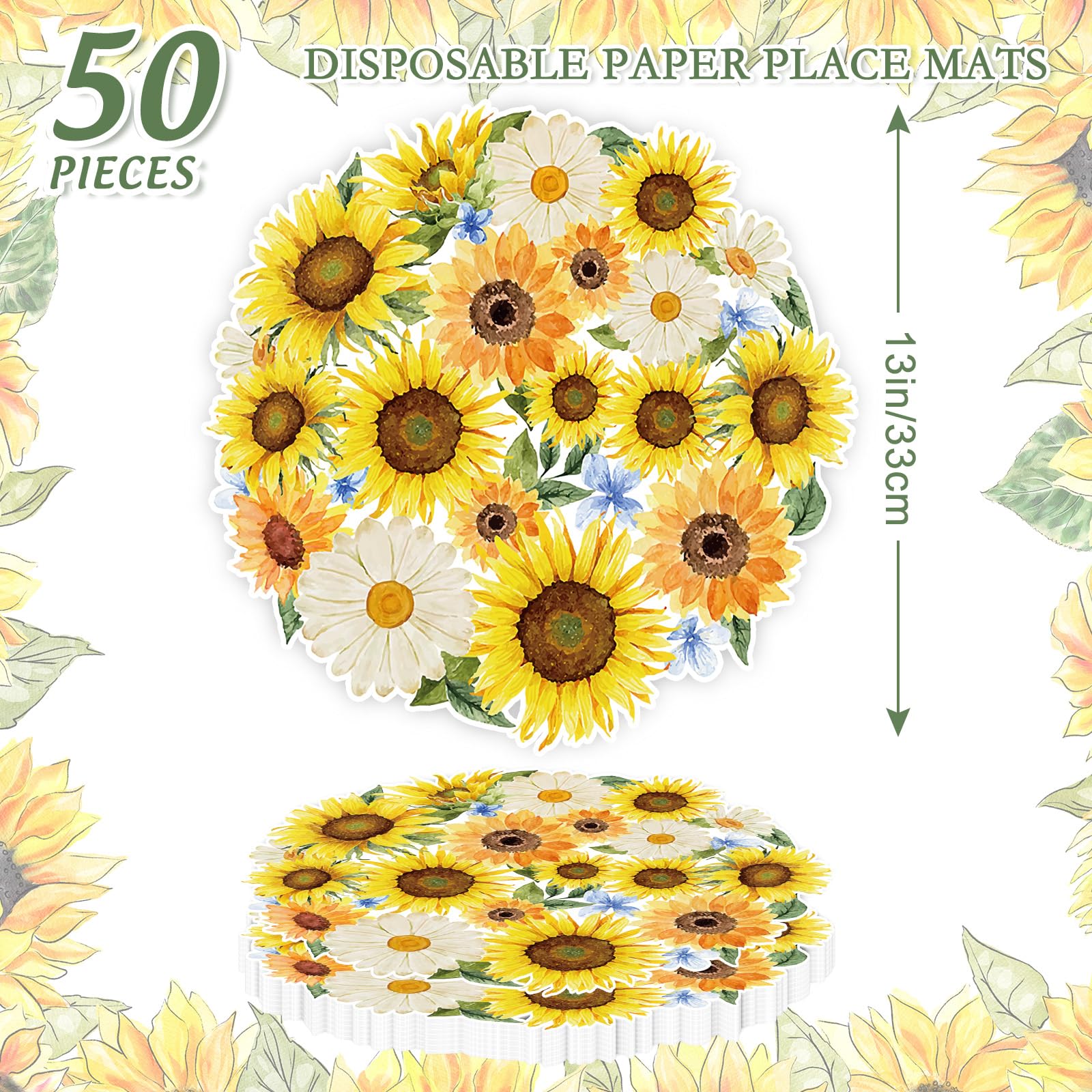 JarThenaAMCS 50 hojas de manteles individuales de papel de girasol, acuarela, flores amarillas, manteles individuales florales para suministros de fiesta de primavera y verano