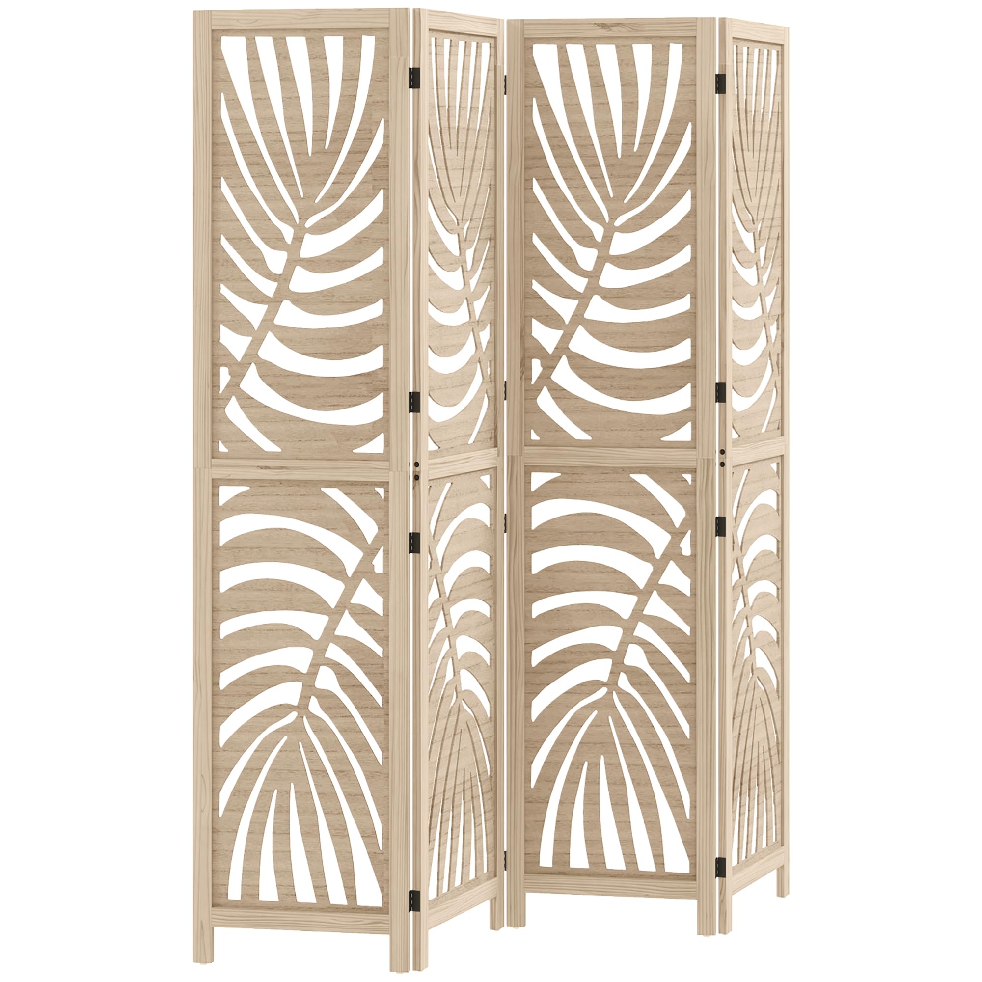 HOMCOM 4 Panel Room Divider, Detachable Portable Folding Privacy Screens, Freestanding Partition Wall Dividers with Palm Leaf Design for Home Office, Bedroom, Natural Wood Finish