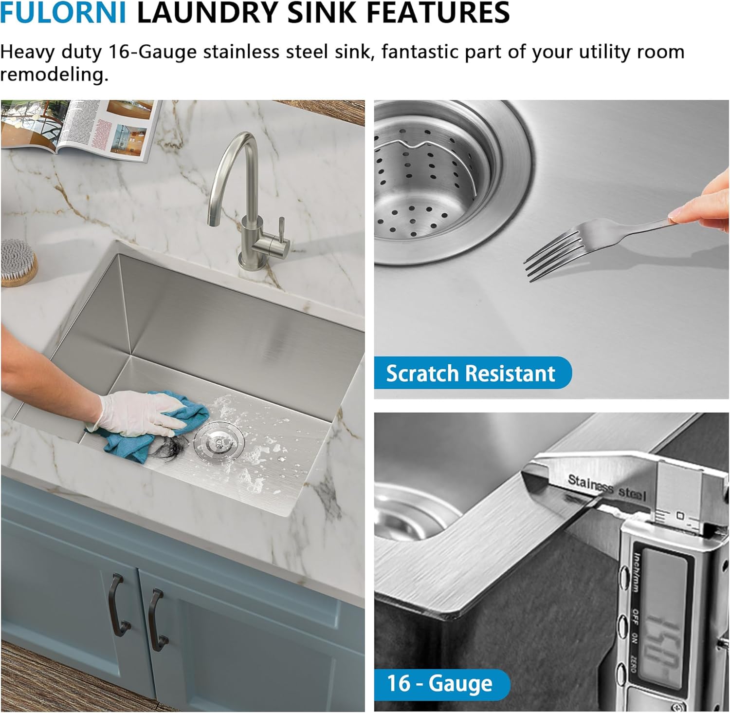 21 Undermount Laundry Sink - Fulorni 21"x18" Laundry Room Utility Tub Sink Under Counter 16 Gauge 304 Stainless Steel 12 Inch Deep Single Bowl Basin