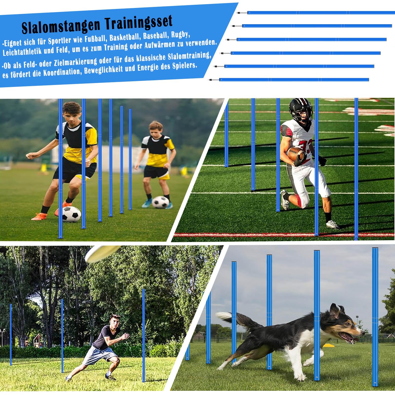 Slalomstangen Fussball Trainingszubehör mit 6 Slalom Poles, Koordinationsleiter 6m, 12 Hütchen, Springseil und Resistance Fallschirm, Fußball Trainingsset für Koordinationstraining