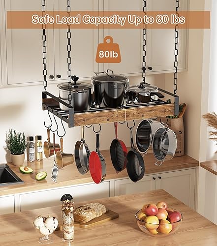 Miniatura 2 de Estante colgante para ollas, 24 x 13 pulgadas, para cocina, con 12 ganchos en forma de S, soporte vintage para sartenes montado en el techo con