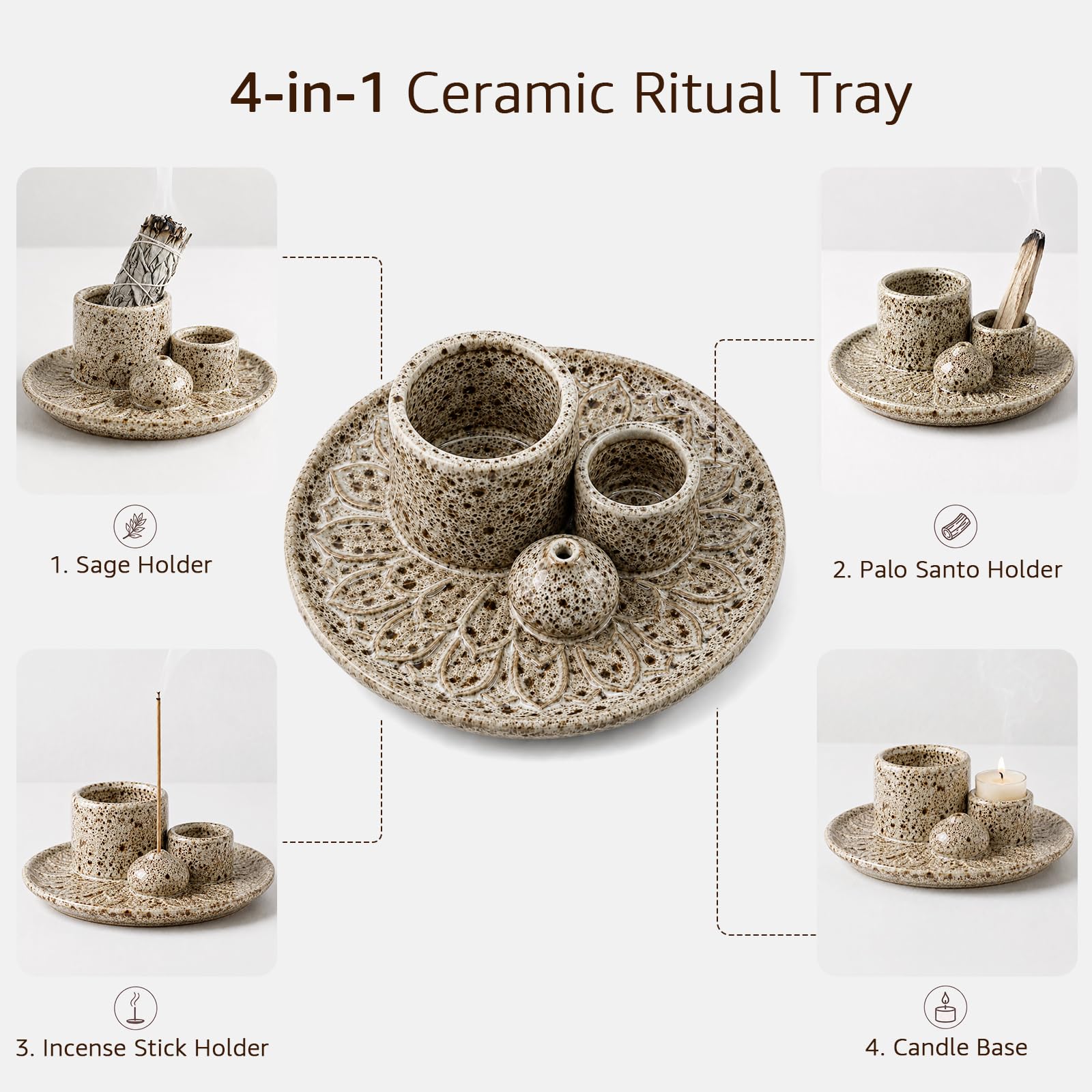 Palo Santo Räucherstäbchenhalter, 4-in-1 Keramik-Räucherstäbchenhalter & Kerzenhalter, Aschefänger & Schmierstabhalter für Meditations- und Yoga-Raum (Braun)