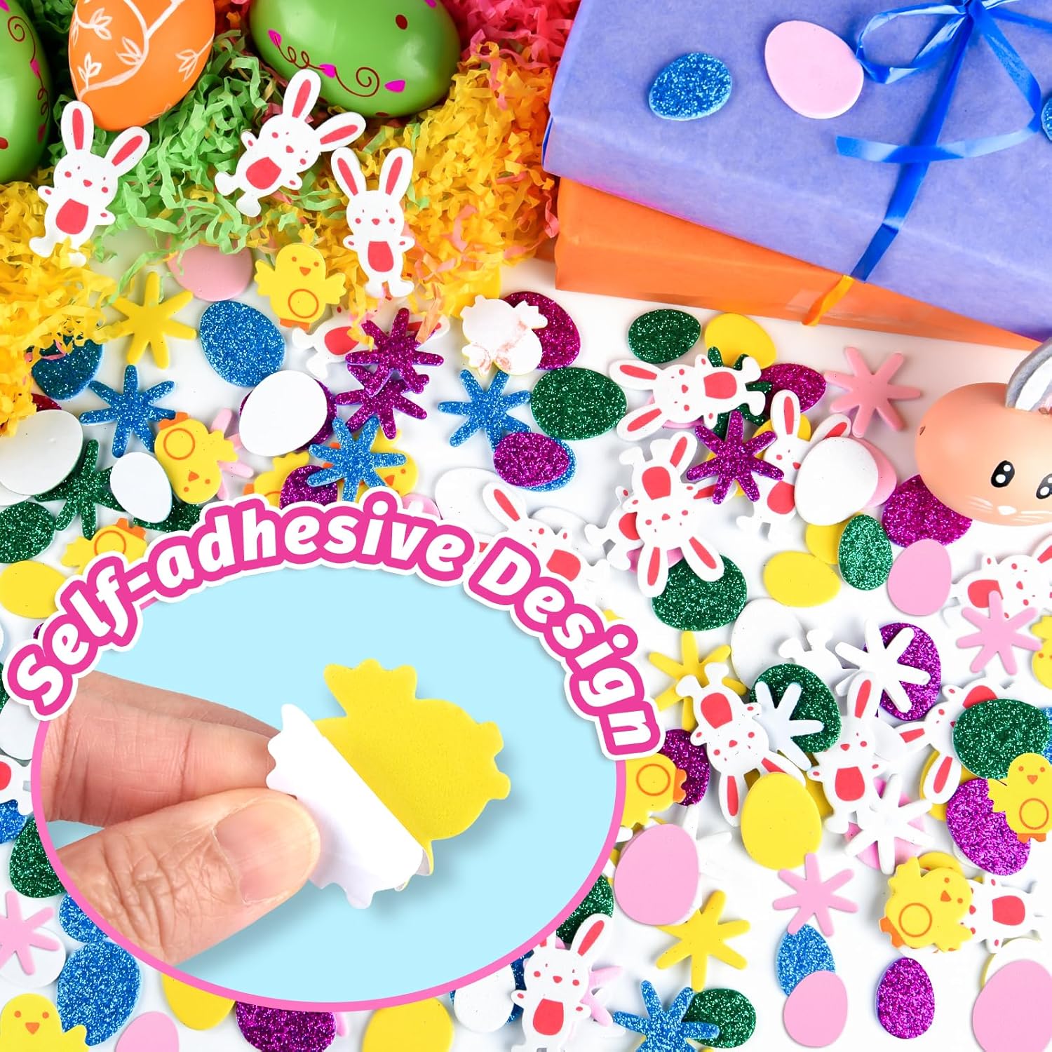 NEBURORA 200 Pcs Easter Foam Stickers Colorful Animal Shape Bunny Egg Chick Flower Self-Adhesive Glitter Puffy Stickers for Happy Easter Day Spring Party DIY Crafts Scrapbooking Home Decoration