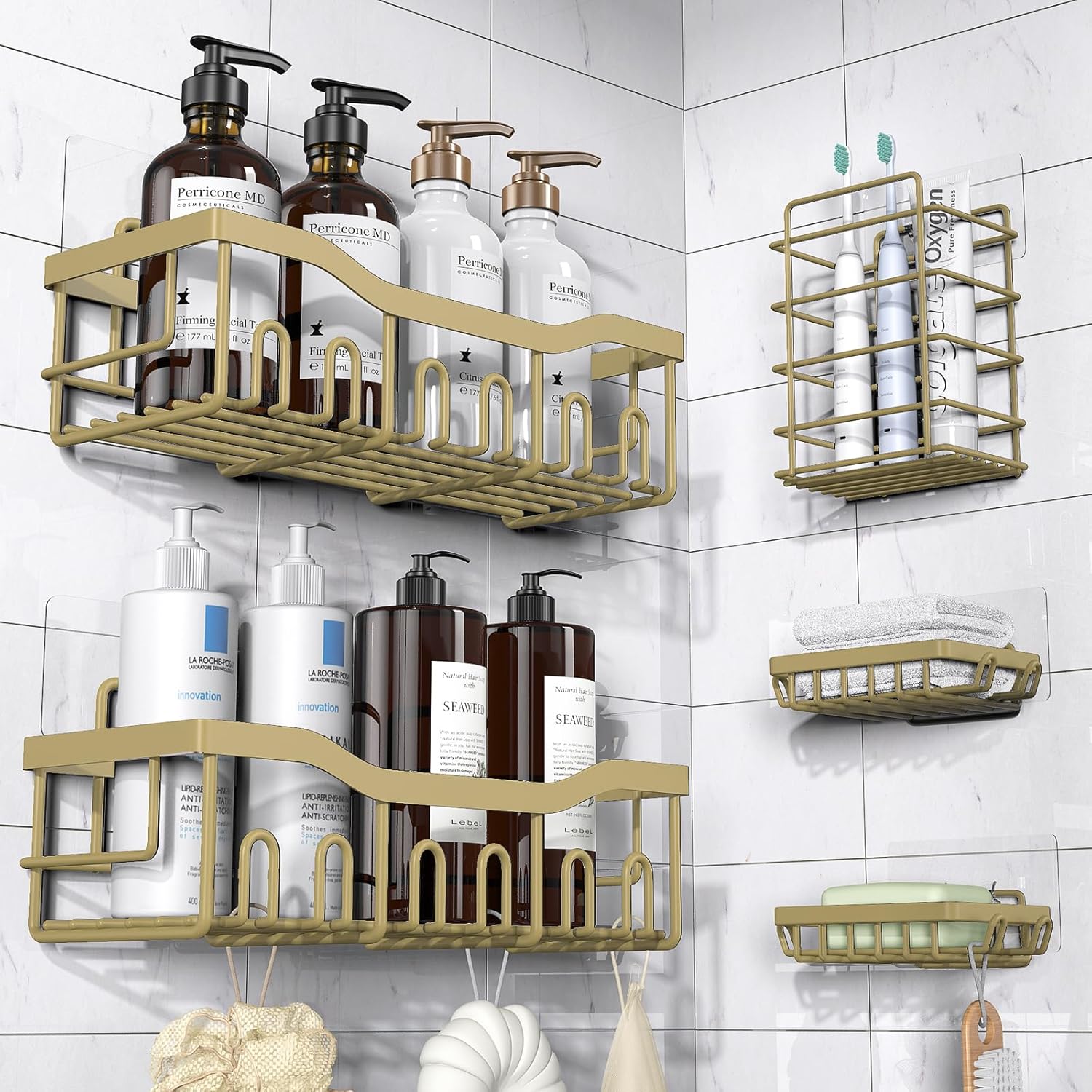 Shower Caddy 5 Pack,Adhesive Shower Organizer for Bathroom Storage&Home Decor&Kitchen,No Drilling,Large Capacity,Rustproof Stainless Steel Bathroom Organizer,Shower Shelves for Inside Shower-Larger Matte Gold Larger Size