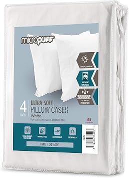 Micropuff White Pillow Cases, Soft Brushed Microfiber & Wrinkle Free (White, King (4 Pack))