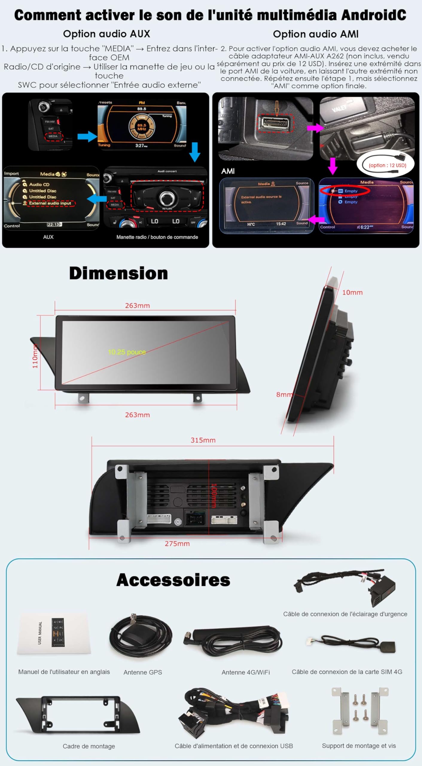 10,25" 8-rdzeniowy 4 + 64 GB CarPlay Android 14 radio samochodowe GPS nawigacja do Audi A4/A5/B8/S4/S5 obsługuje nawigację GPS, Carplay, IPS, WiFi, 4G, WiFi, DAB+, do niskiej konfiguracji