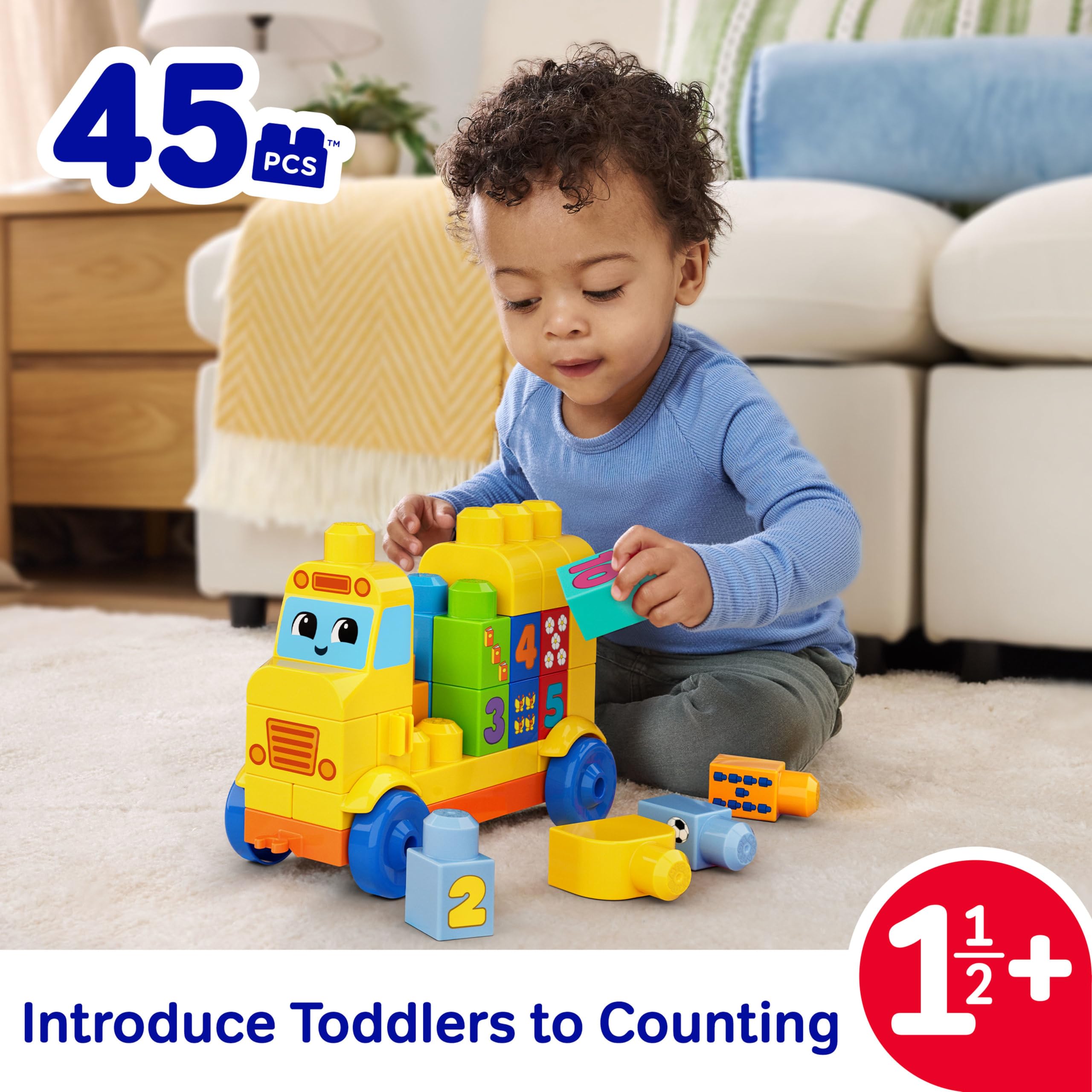 MEGA BLOKS First Builders Toddler Block Toys Set, Build & Count Bus 45 Pieces, Learn Numbers and Counting, Yellow, Ages 1+ Years, JKG34 - Image 2