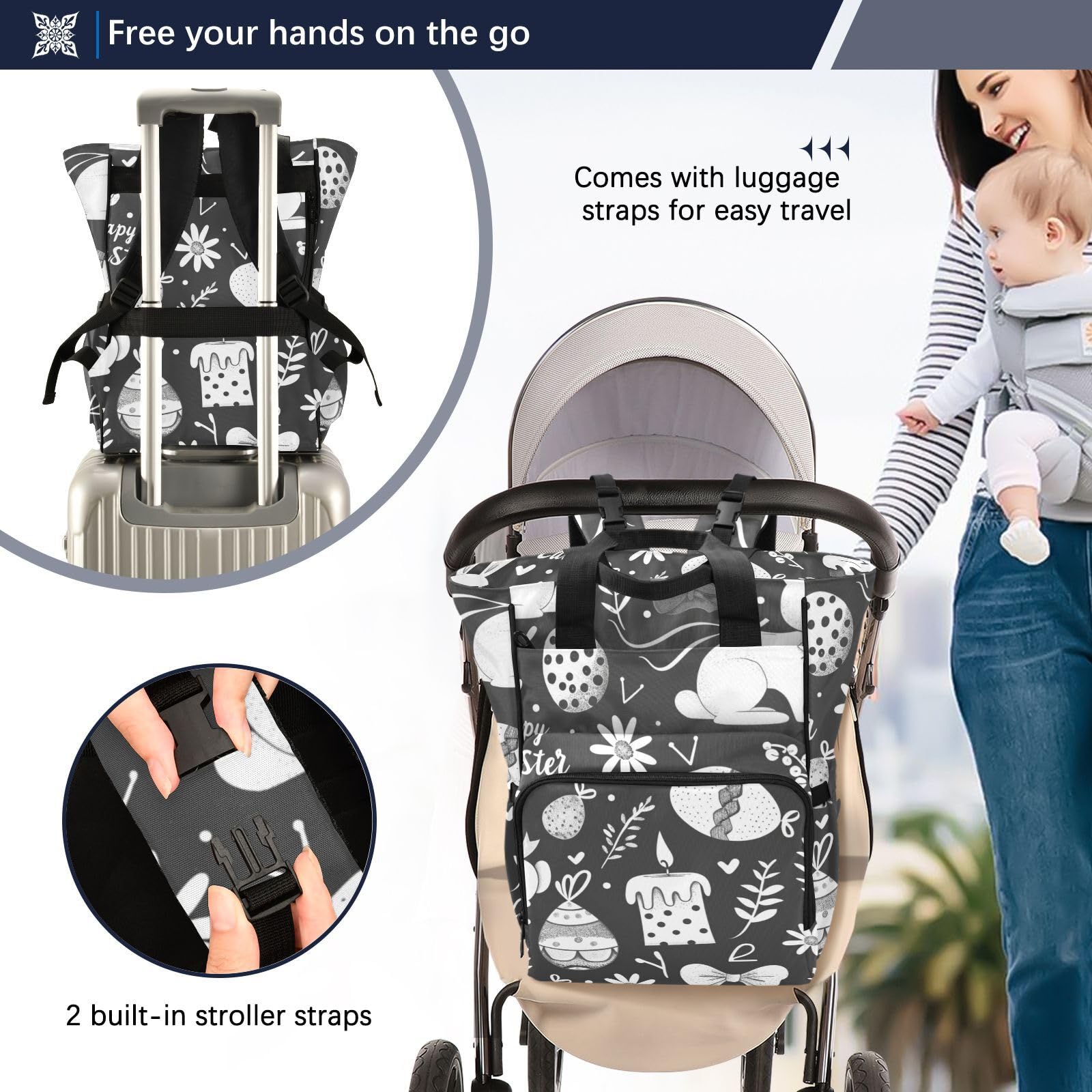 Baby Essentials torba na pieluchy czarny cue zajączki wielkanocne