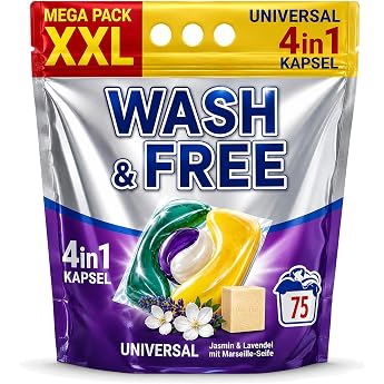 Detergent Pods 4-in-1 - 75 Washes XXL - Universal Washing Capsules with Marseille Soap - Jasmine & Lavender Fragrance - Stain Removal & Colour Protection - Laundry Detergent Capsules for 20-60 C