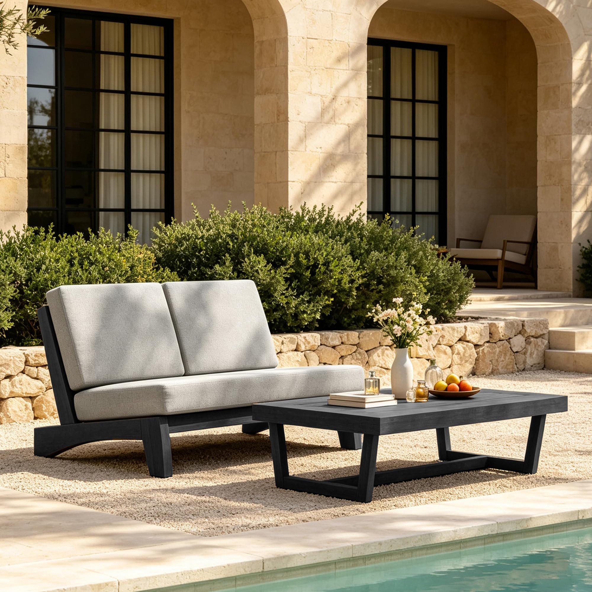 Pia Ricoo 2 Piece Patio Furniture Set, Outdoor Split Back Loveseat with Coffee Table &amp; Thick Cushions, All-Weather Outdoor Sofa for Backyard, Deck, Lawn, Light Camel, Dark Wood
