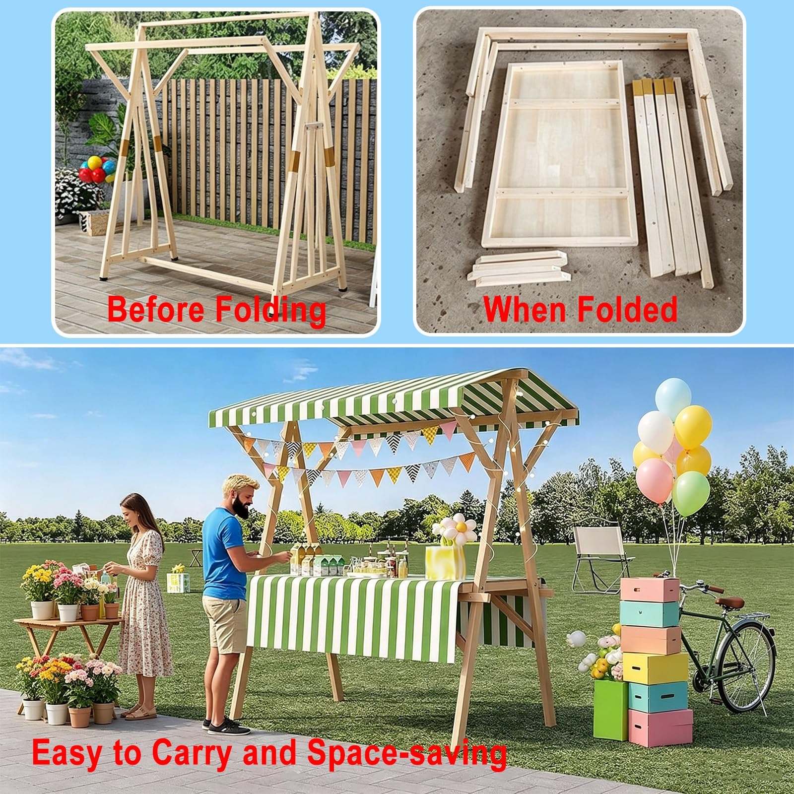 Quiosco Portátil para Eventos con Toldo, Expositor de Comida Portátil, Carro de Ventas para Exteriores Plegable, Kiosco de Exhibición Sobre Ruedas para Mercados(Orange 2,120cm/47.2in)