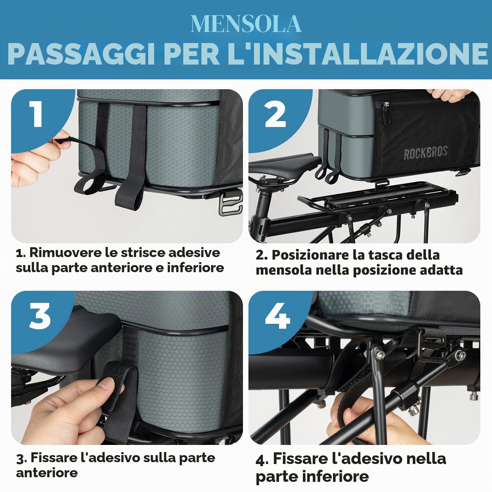 ROCKBROS Road to Sky Borsa Bici Posteriori Pieghevole, 15L Borsa Portapacchi Bici Posteriore Multifunzionale con 2 Borse Laterali per Ciclismo, Viaggiare, MTB, Gravel, Strada, Nero, Grigio