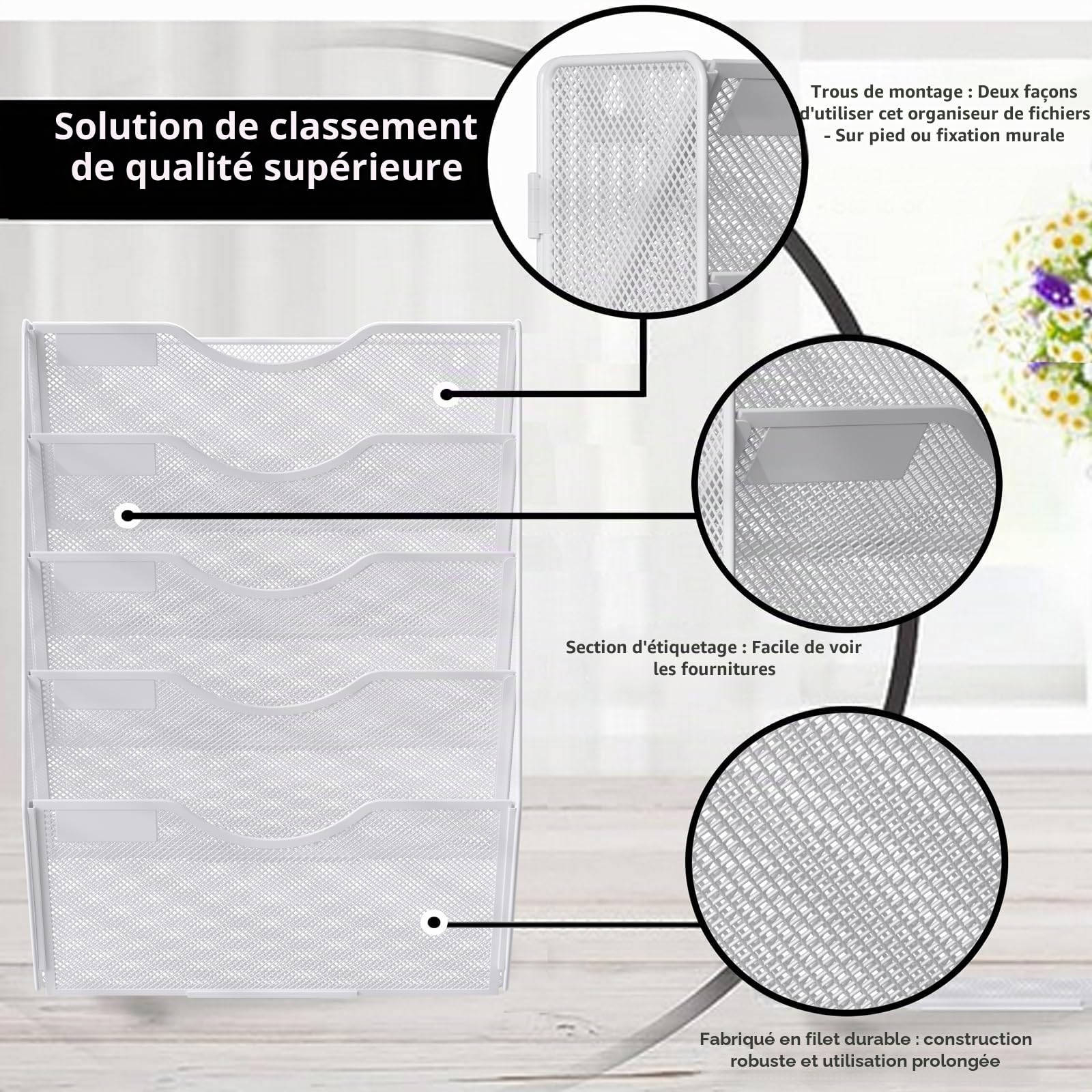 TQVAI 5 Compartiments Porte Revue Mural Métal Rangement Document Papier A4 Dossier Papeterie Organisateur Mural pour Bureau, Maison, École, Blanc