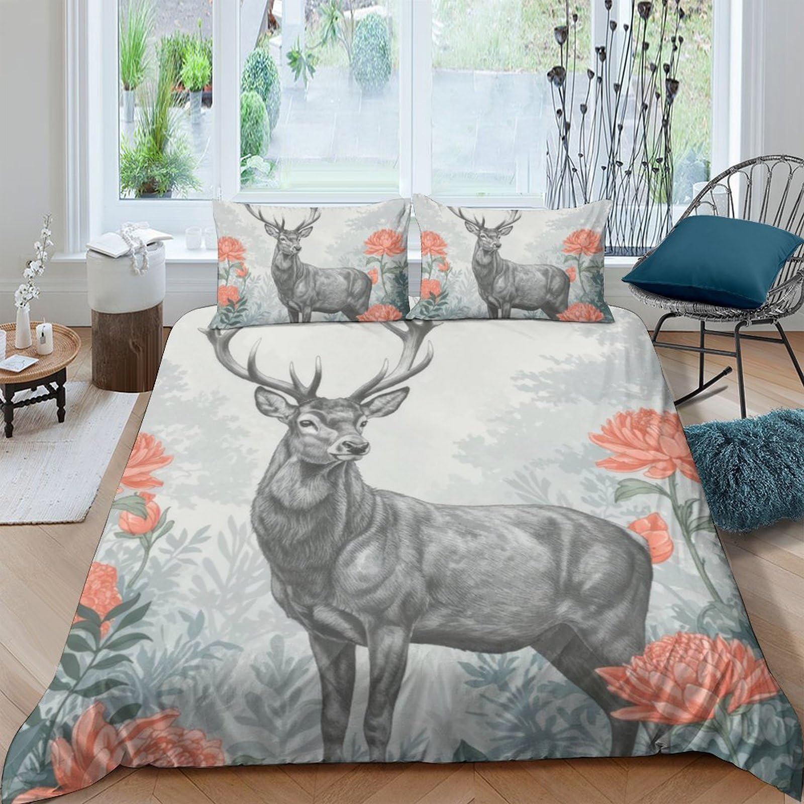 GPLZQXKJNH 3D Printed Deer Forest Duvet Cover Microfiber Soft Breathable Antler Floral Bedding Set with 2 Pillowcases for Bedroom Decor Single（135x200cm）