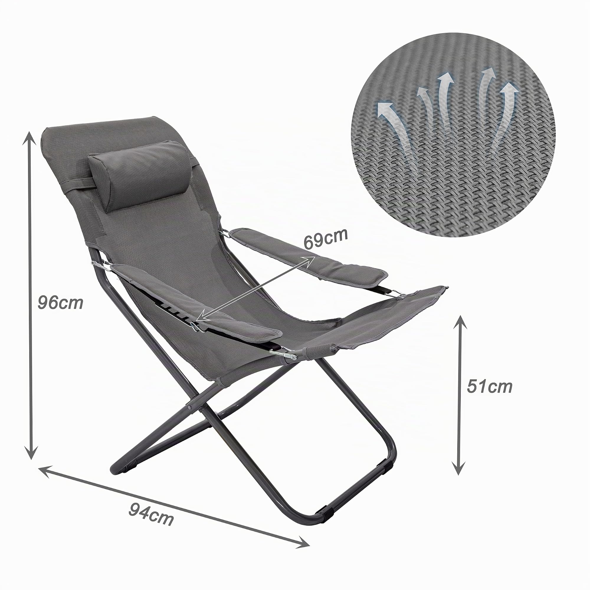 HOMECALL Camping-Klappstuhl mit 2 x 1 Textilene und verstellbarer Rückenlehne - Grau