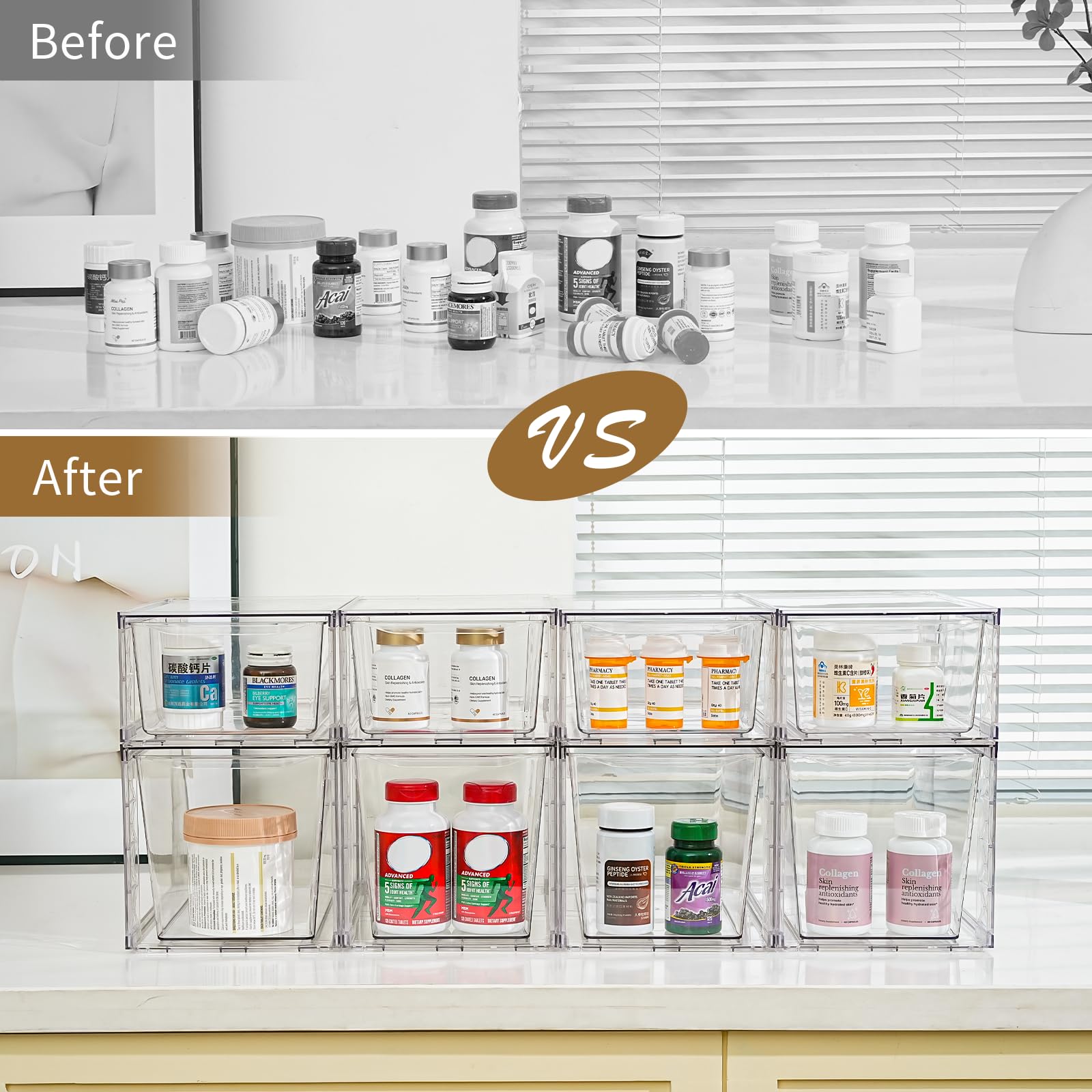 Confezione da 4 contenitori impilabili da cucina, organizer per dispensa e stoccaggio, contenitori trasparenti per alimenti con manici, facili da montare per bagno, cucina, dispensa, armadio, armadio