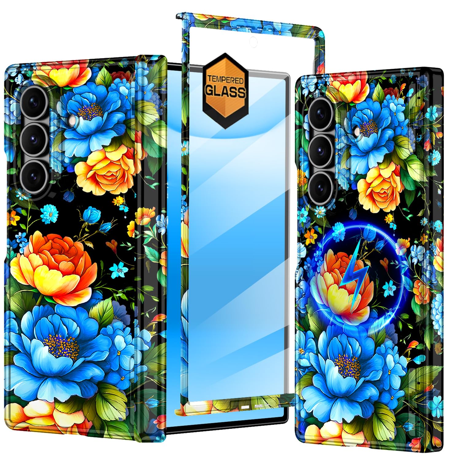 Hekodonk Custodia per Galaxy Z Fold 7, compatibile con MagSafe, pellicola protettiva integrata per lo schermo, protezione con cerniera, sottile, magnetica, antiurto, per donne e ragazze, con fiore blu