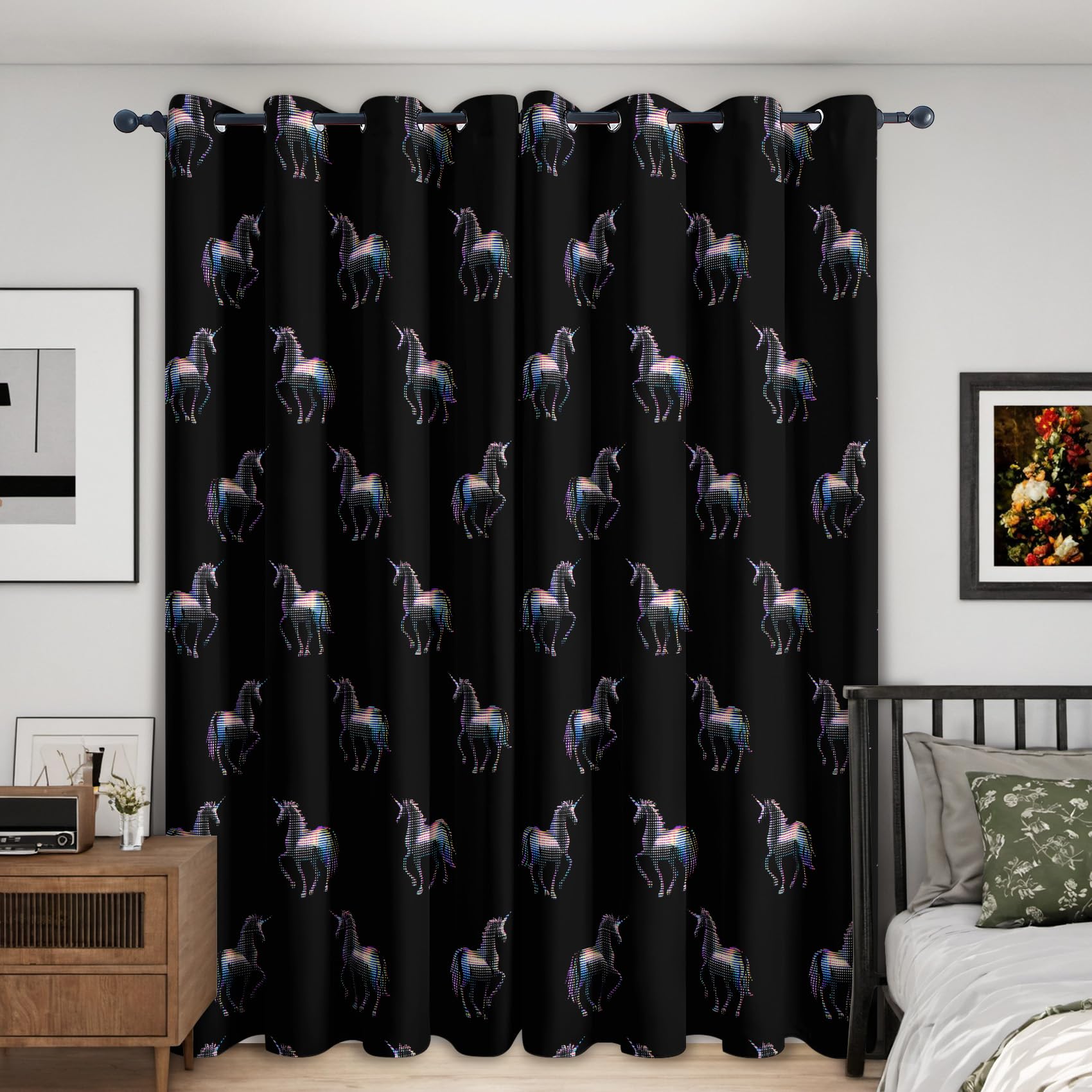 Générique Rideau Occultant Licorne, Rideaux Thermiques Motif Enfants pour Decoration Salon Chambre, Lot de 2 Draperies Intérieurs à Oeillets, 75x166 (LxH) E&4617