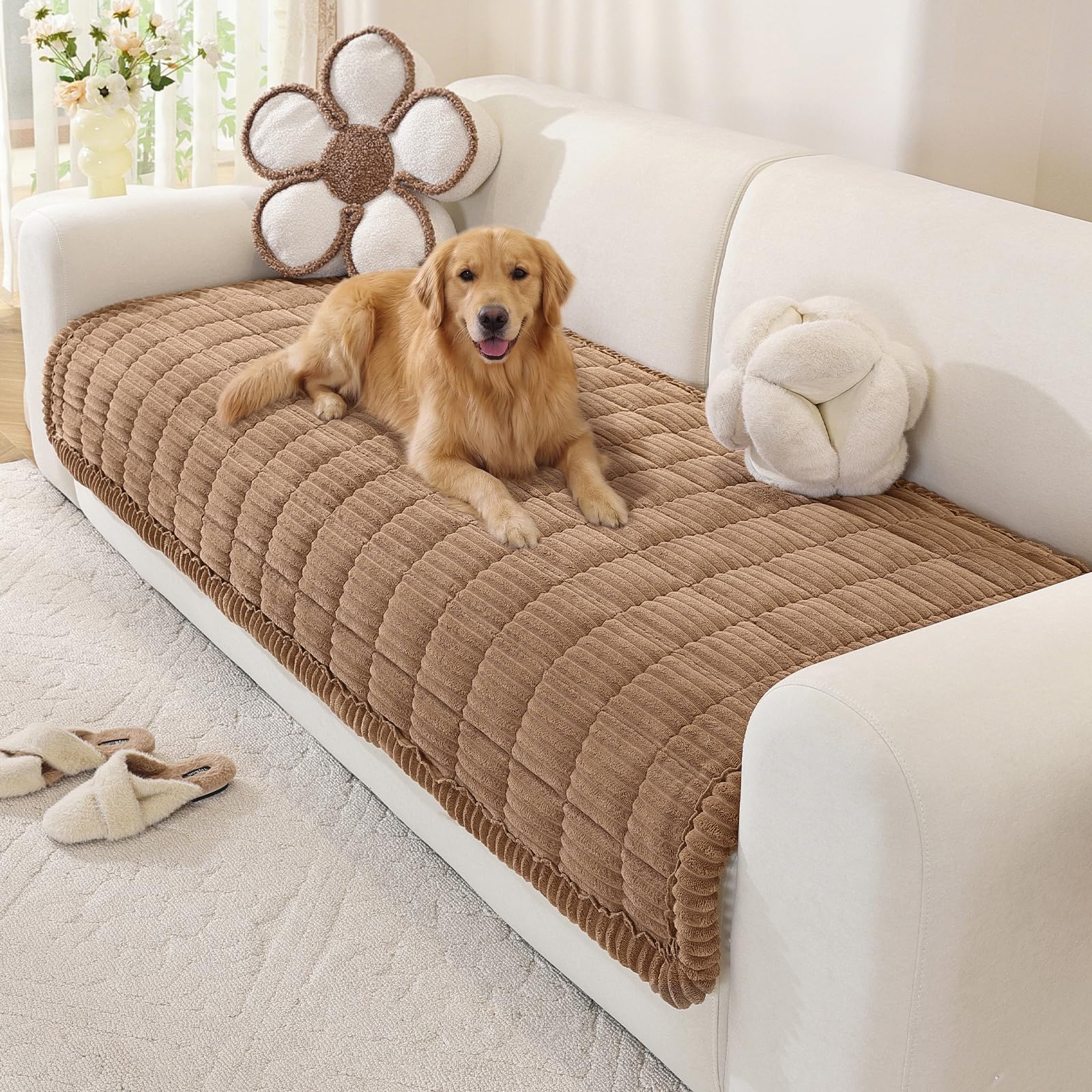OstepDecor Sofa Covers 2 3 4 Seater, Pet Sofa Cover, Settee Covers, Couch Protectors for Dogs, L-Shaped Corner Couch Cover, Thick Soft Corduroy Fuzzy Pads for Pets and Kids (Brown, 90x210cm)