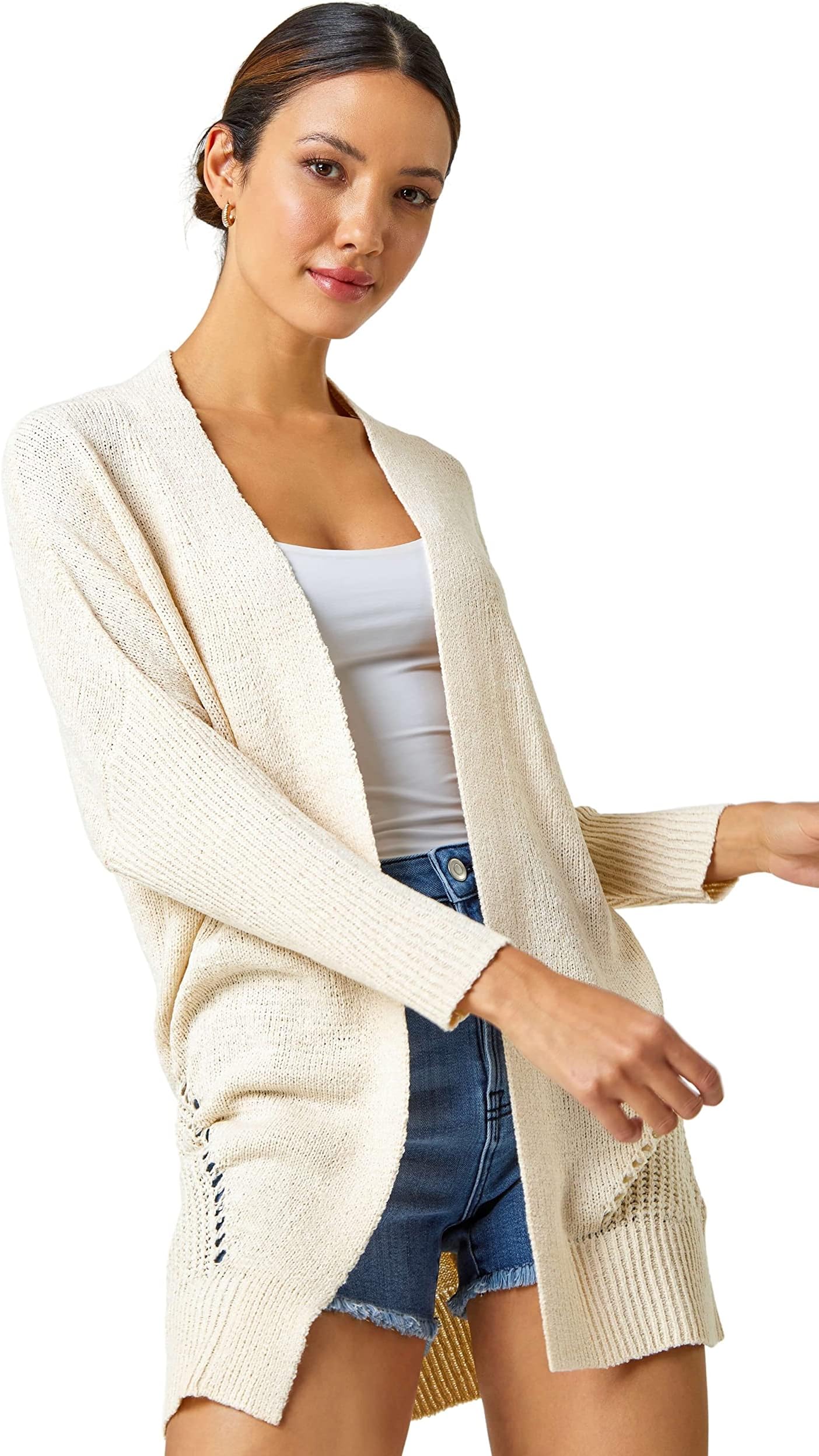Roman Relaxed Longline Cardigan for Women UK - Ladies Spring Everyday Summer Holiday Edge to Edge Comfy Long Sleeve Soft Jumper Pocket Detail Sweaters